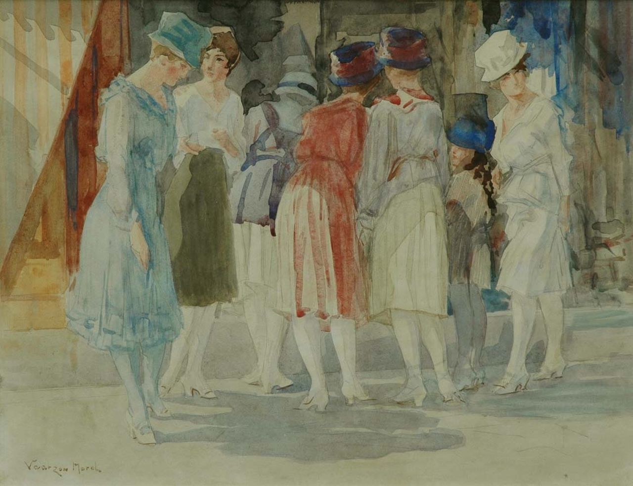 Vaarzon Morel W.F.A.I.  | Wilhelm Ferdinand Abraham Isaac 'Willem' Vaarzon Morel, Elegante dames voor een etalage, potlood en aquarel op papier 37,9 x 48,6 cm, gesigneerd linksonder