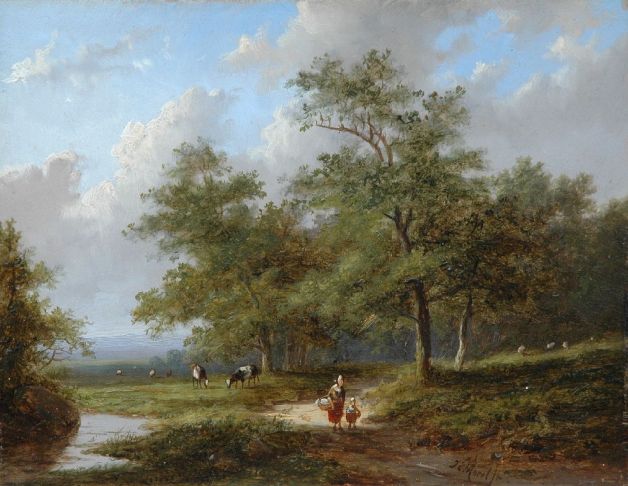 Morel II J.E.  | Jan Evert Morel II, Boslandschap met vrouw en kind, olieverf op paneel 15,6 x 20,0 cm, gesigneerd rechtsonder