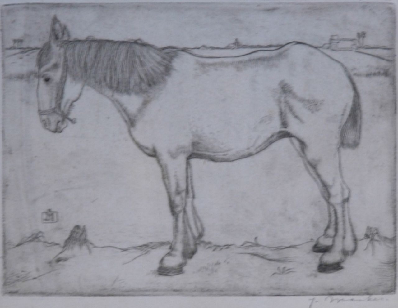 Mankes J. | Jan Mankes, Staand paard, ets op papier 11,8 x 15,8 cm, gesigneerd rechtsonder (in potlood) en links van het midden met monogram (in ets) en te dateren 1917 Mankes J. | Jan Mankes, Staand paard, ets op papier 11,8 x 15,8 cm, gesigneerd rechtsonder (in potlood) en links van het midden met monogram (in ets) en te dateren 1917
