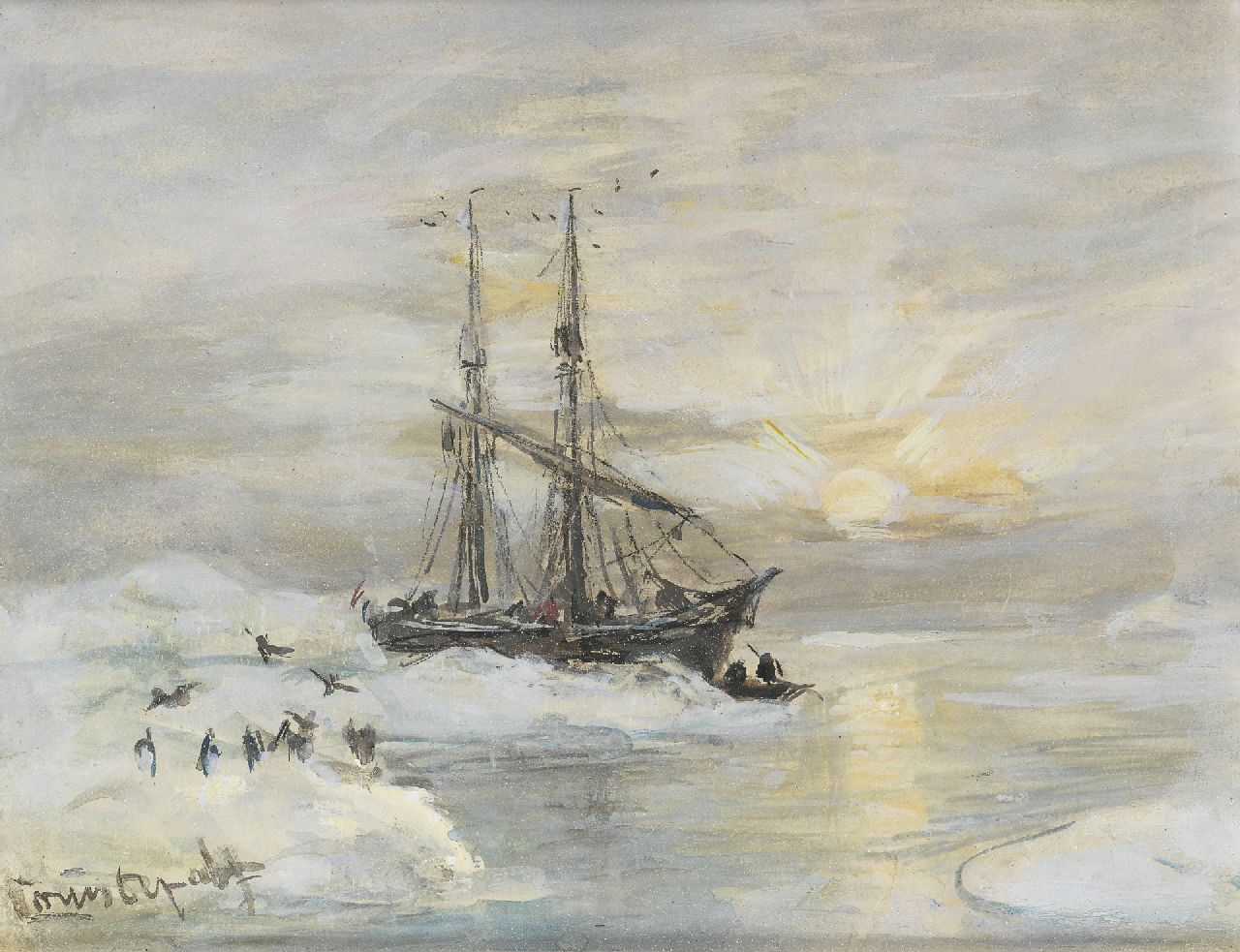 Apol L.F.H.  | Lodewijk Franciscus Hendrik 'Louis' Apol, De Willem Barentsz in Spitsbergen met alken op een ijsschots, gouache op papier 11,2 x 14,0 cm, gesigneerd linksonder