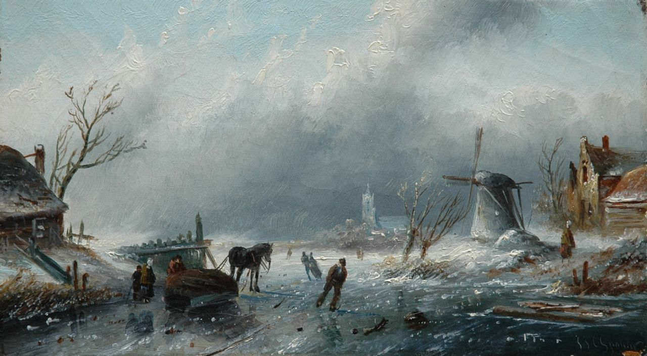 Spohler J.J.C. | Jacob Jan Coenraad Spohler, IJsgezicht bij opkomende storm, olieverf op doek 18,2 x 32,0 cm, gesigneerd rechtsonder Spohler J.J.C. | Jacob Jan Coenraad Spohler, IJsgezicht bij opkomende storm, olieverf op doek 18,2 x 32,0 cm, gesigneerd rechtsonder