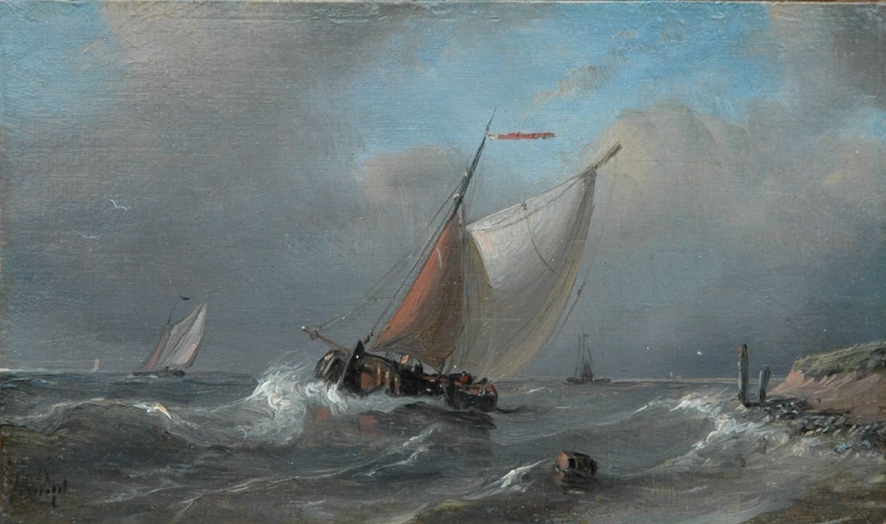 Schiedges P.P.  | Petrus Paulus Schiedges, Onder de kust zeilend beurtschip (alleen tezamen met 10277), olieverf op paneel 9,4 x 16,0 cm, gesigneerd linksonder