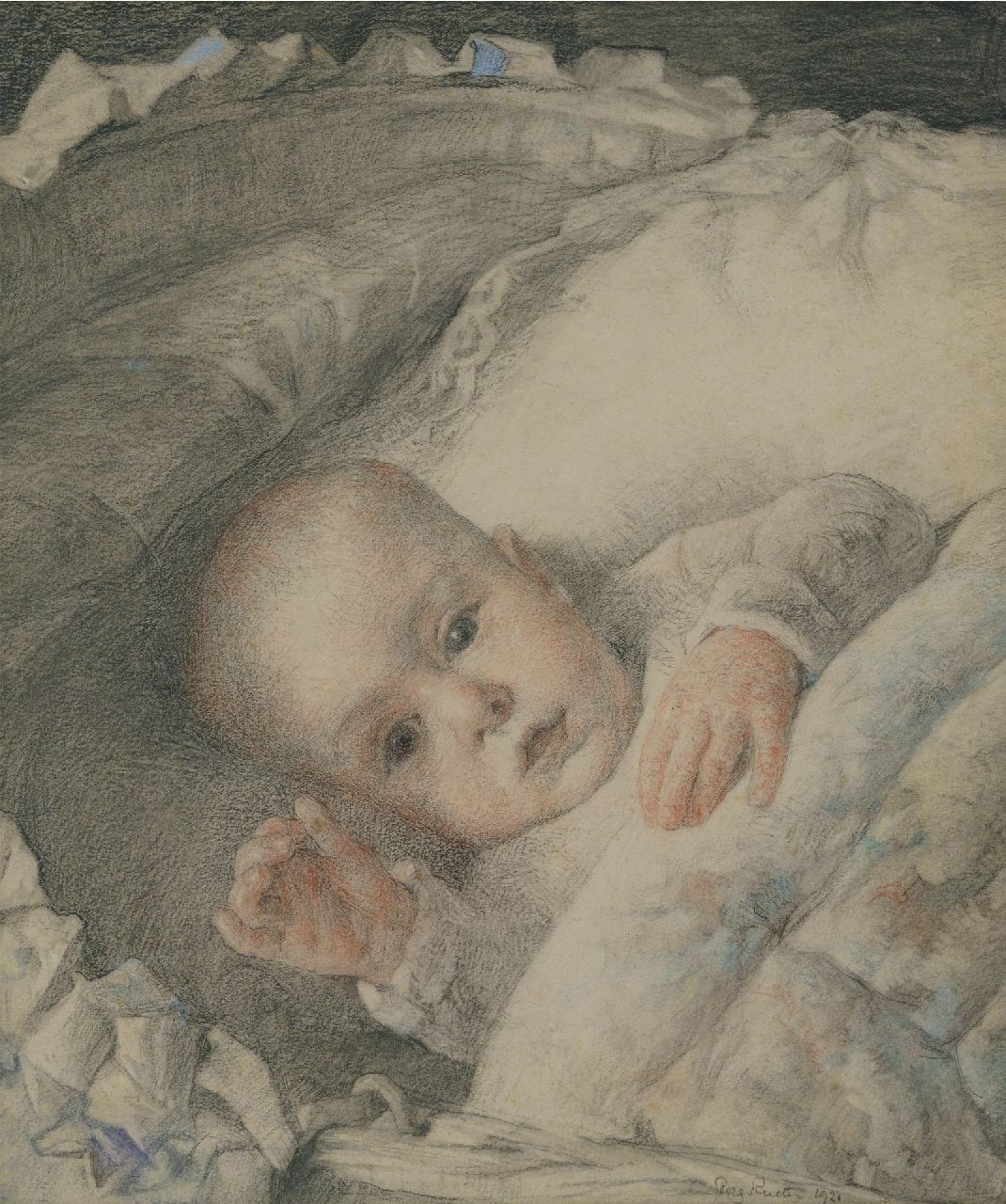 Rueter W.C.G.  | Wilhelm Christian 'Georg' Rueter | Aquarellen en tekeningen te koop aangeboden | Babyportret van Jan Peter Moes, kleurpotlood en krijt op papier 32,6 x 27,9 cm, gesigneerd rechtsonder en gedateerd 1920