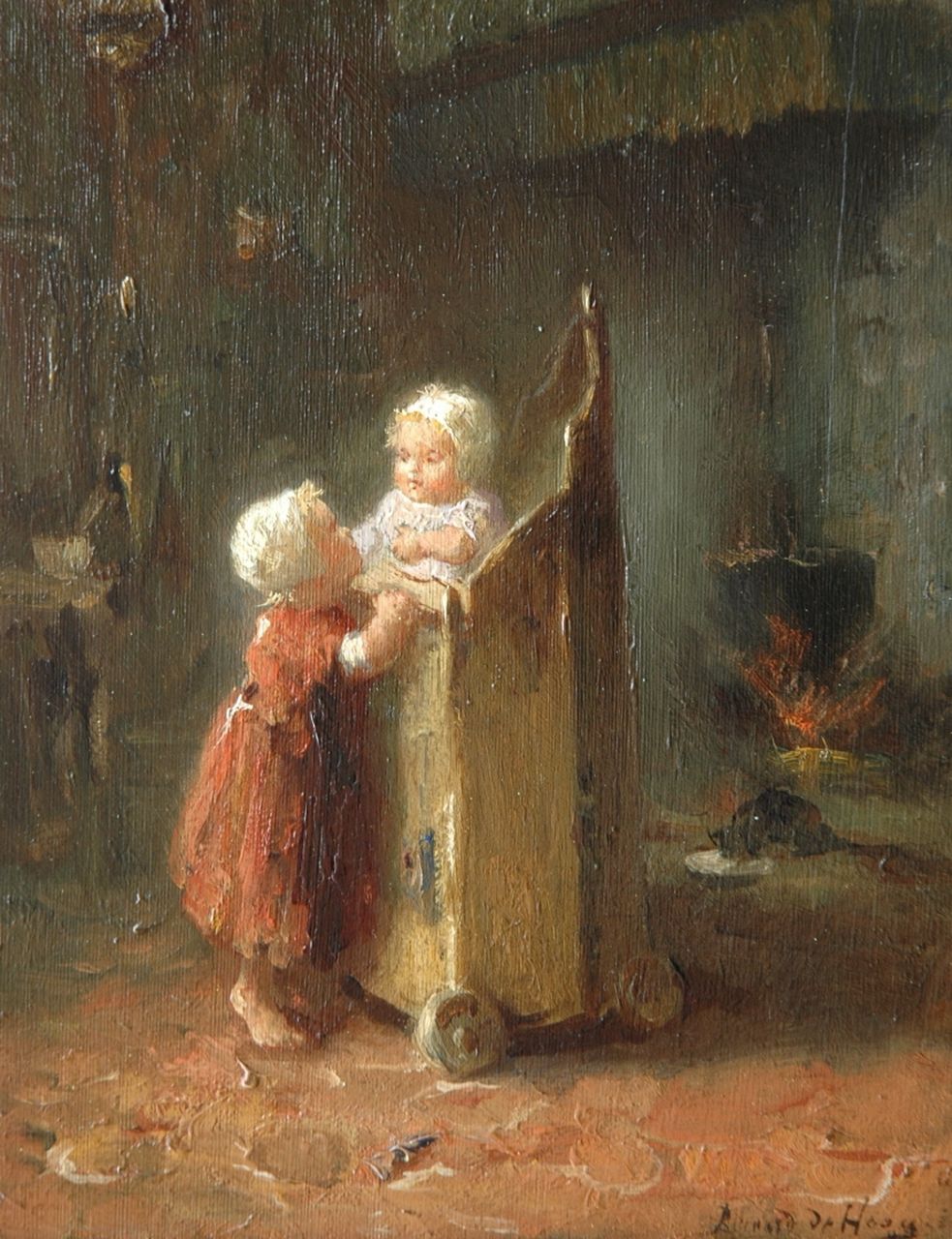 Hoog J.B. de | Johan 'Bernard' de Hoog, Speelkameraadjes, olieverf op paneel 19,8 x 15,2 cm, gesigneerd rechtsonder Hoog J.B. de | Johan 'Bernard' de Hoog, Speelkameraadjes, olieverf op paneel 19,8 x 15,2 cm, gesigneerd rechtsonder
