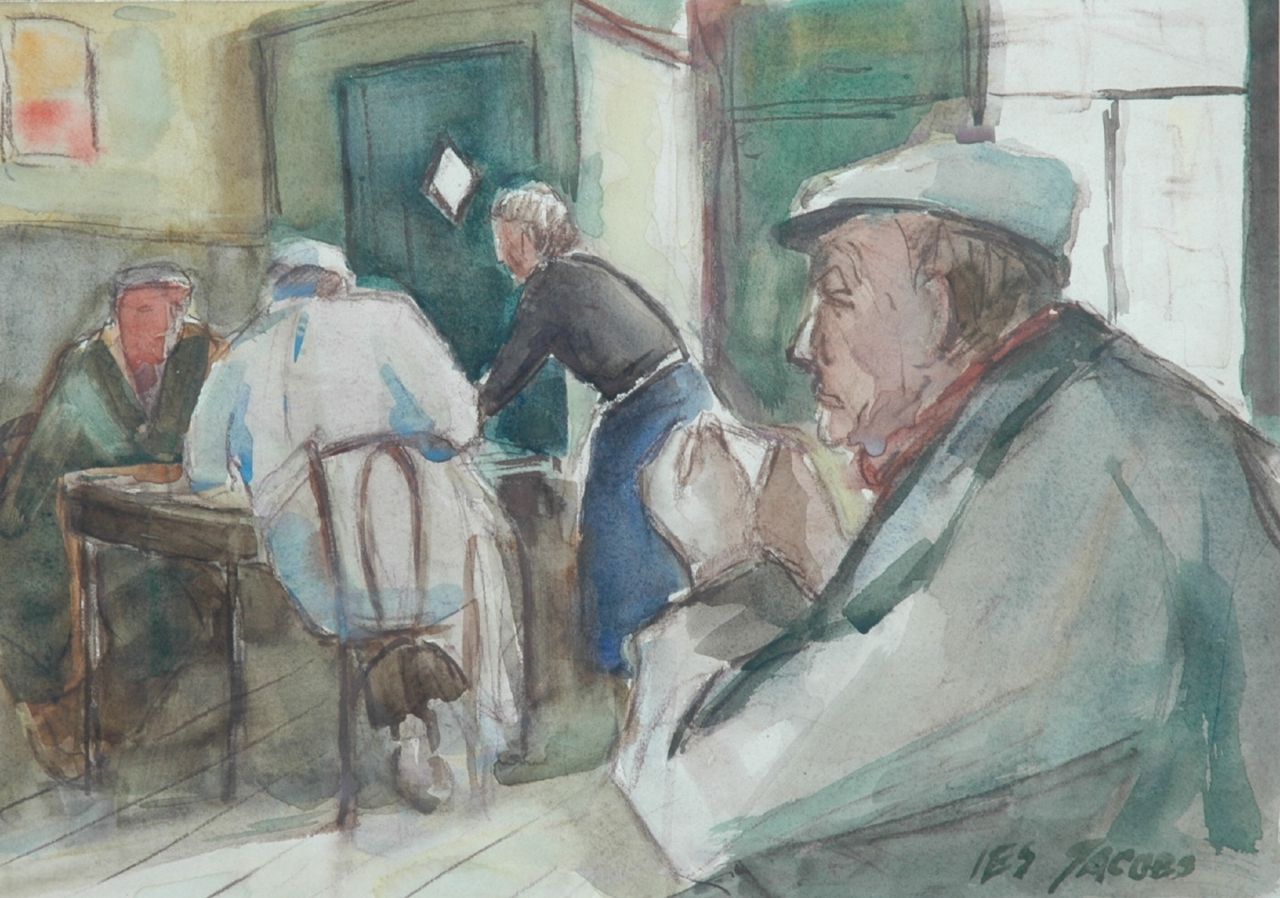 Jacobs I. | Isaac 'Ies' Jacobs, Boeren en dienster in Café Bakker, aquarel op papier 40,1 x 52,3 cm, gesigneerd rechtsonder Jacobs I. | Isaac 'Ies' Jacobs, Boeren en dienster in Café Bakker, aquarel op papier 40,1 x 52,3 cm, gesigneerd rechtsonder