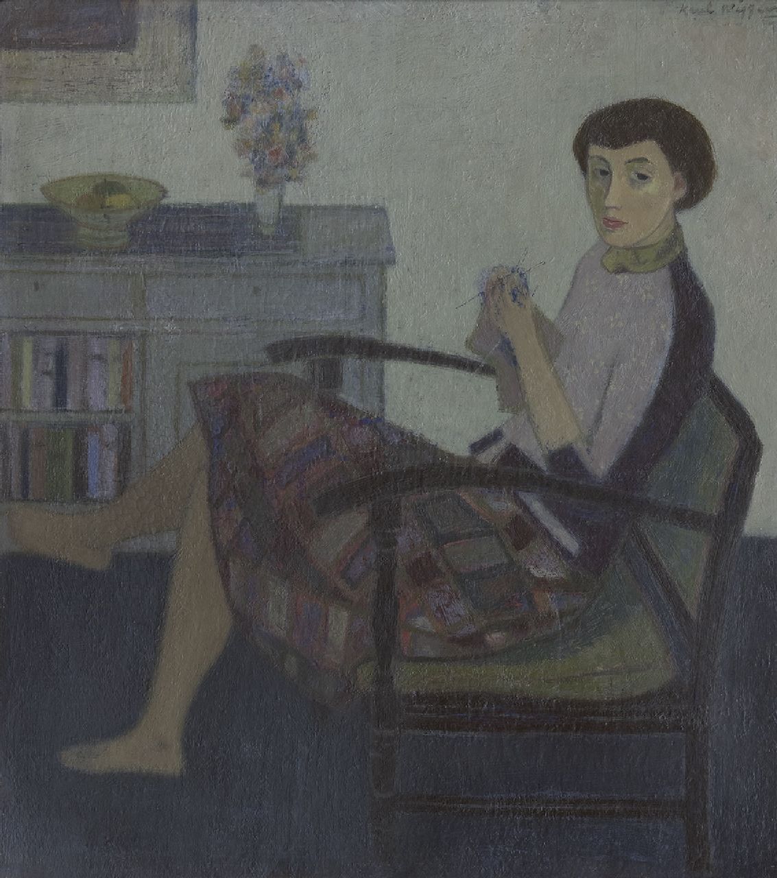 Wiggers K.H. | 'Karel' Hendrik Wiggers, Breiende vrouw, olieverf op board 50,3 x 44,8 cm, gesigneerd rechtsboven Wiggers K.H. | 'Karel' Hendrik Wiggers, Breiende vrouw, olieverf op board 50,3 x 44,8 cm, gesigneerd rechtsboven