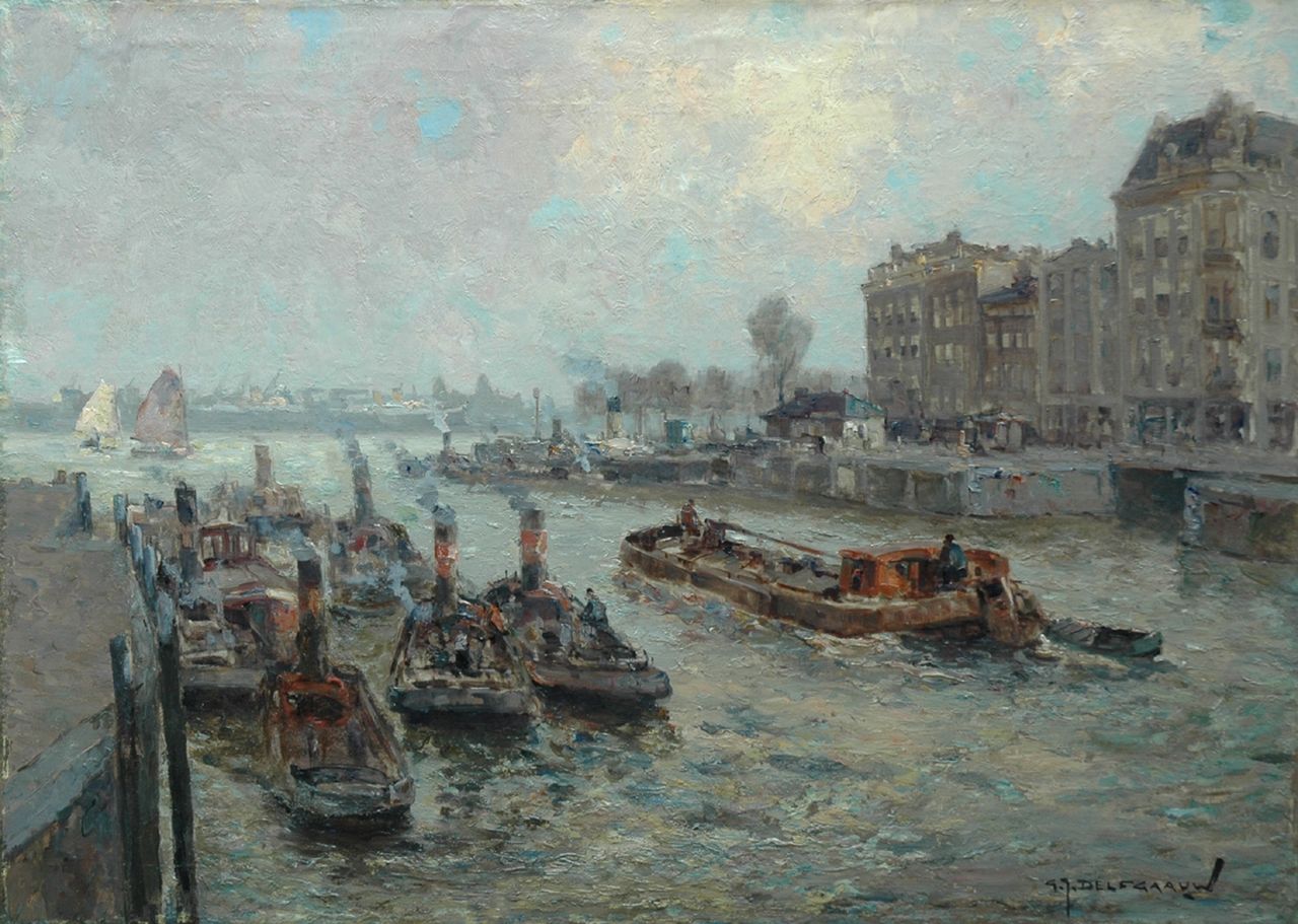 Delfgaauw G.J. | Gerardus Johannes 'Gerard' Delfgaauw, Leuvehaven bij de Maas, Rotterdam, olieverf op doek 50,2 x 70,3 cm, gesigneerd rechtsonder Delfgaauw G.J. | Gerardus Johannes 'Gerard' Delfgaauw, Leuvehaven bij de Maas, Rotterdam, olieverf op doek 50,2 x 70,3 cm, gesigneerd rechtsonder