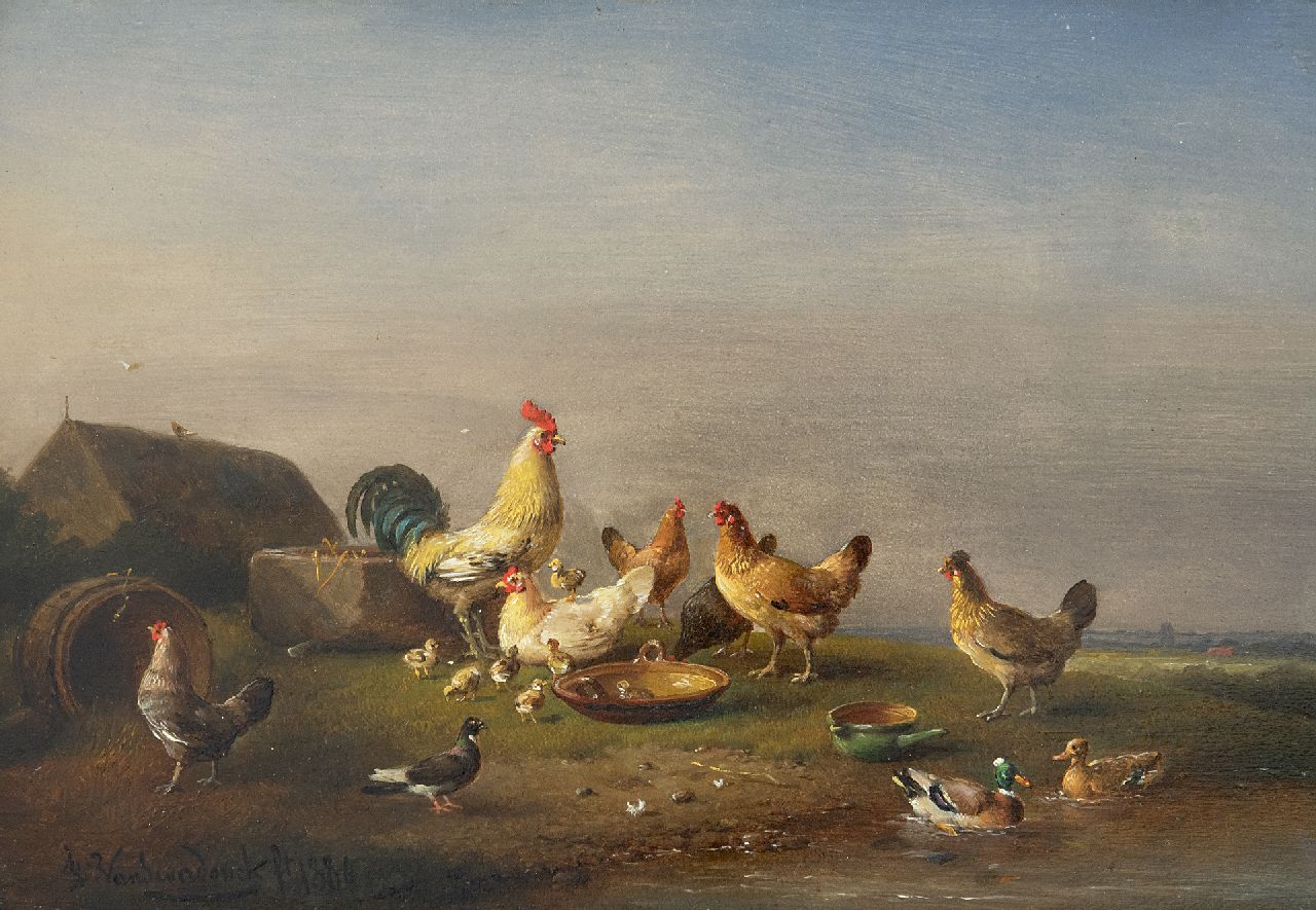 Frans van Severdonck | Pluimvee en vogels in weids landschap, olieverf op paneel, 17,8 x 26,0 cm, gesigneerd l.o. en gedateerd 1886 Frans van Severdonck | Pluimvee en vogels in weids landschap, olieverf op paneel, 17,8 x 26,0 cm, gesigneerd l.o. en gedateerd 1886
