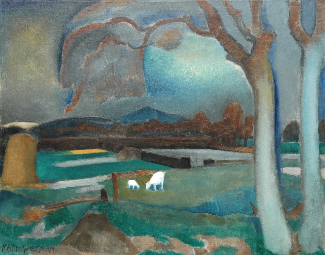 Wiegman M.J.M. | Mattheus Johannes Marie 'Matthieu' Wiegman, Landschap met geitjes, olieverf op doek 77,0 x 96,5 cm, gesigneerd linksonder en te dateren ca. 1914-1916 Wiegman M.J.M. | Mattheus Johannes Marie 'Matthieu' Wiegman, Landschap met geitjes, olieverf op doek 77,0 x 96,5 cm, gesigneerd linksonder en te dateren ca. 1914-1916