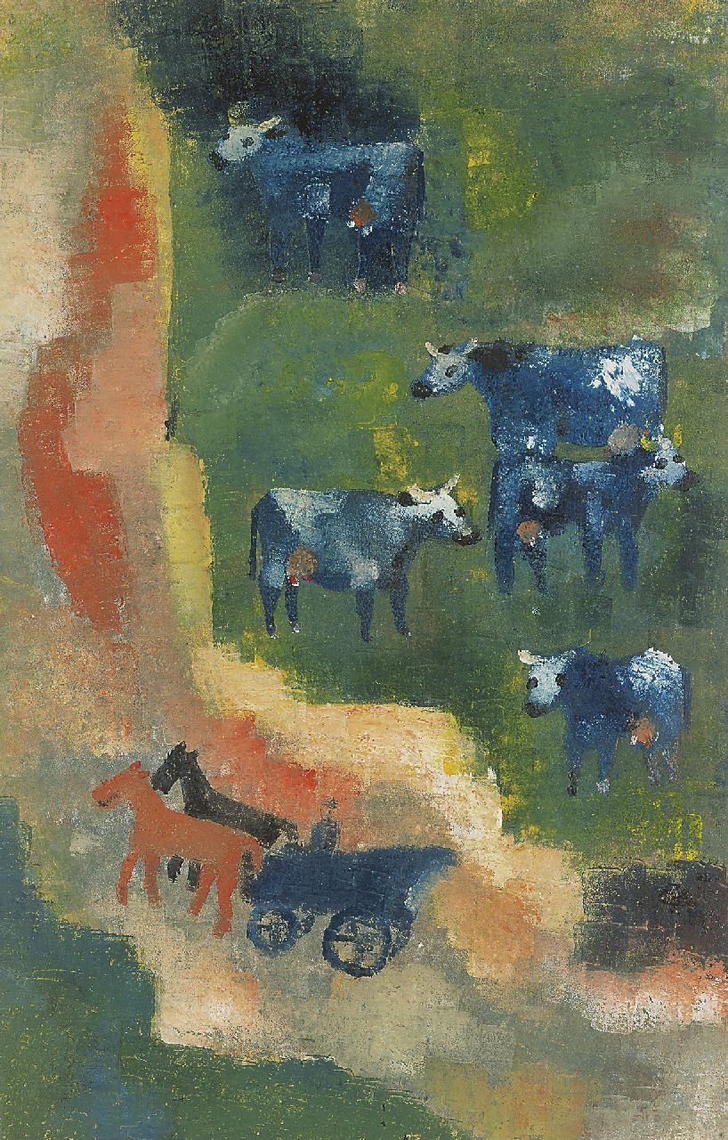Werkman H.N. | Hendrik Nicolaas Werkman, Blauwe koeien, uniek druksel, handgestempeld in kleuren op beige velijnpapier 51,0 x 32,7 cm, te dateren 1943 Werkman H.N. | Hendrik Nicolaas Werkman, Blauwe koeien, uniek druksel, handgestempeld in kleuren op beige velijnpapier 51,0 x 32,7 cm, te dateren 1943