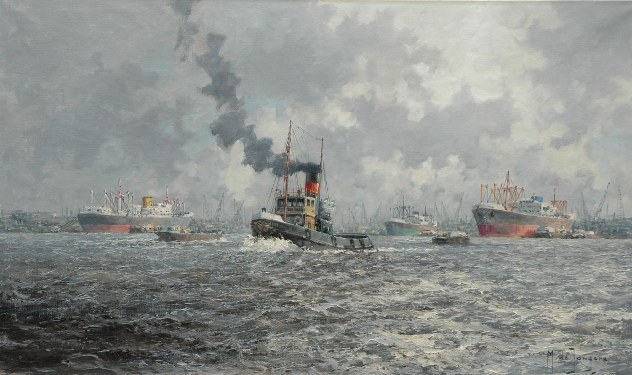 Drulman M.J.  | Marinus Johannes Drulman, Sleepboot in de Waalhaven, Rotterdam, olieverf op doek 60,3 x 100,8 cm, gesigneerd rechtsonder met pseudoniem 'M. de Jongere'