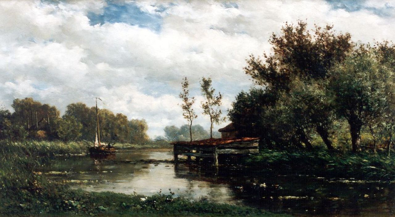 Roelofs W. | Willem Roelofs, Polderlandschap met botenhuisje, olieverf op paneel 28,0 x 50,4 cm, gesigneerd linksonder Roelofs W. | Willem Roelofs, Polderlandschap met botenhuisje, olieverf op paneel 28,0 x 50,4 cm, gesigneerd linksonder