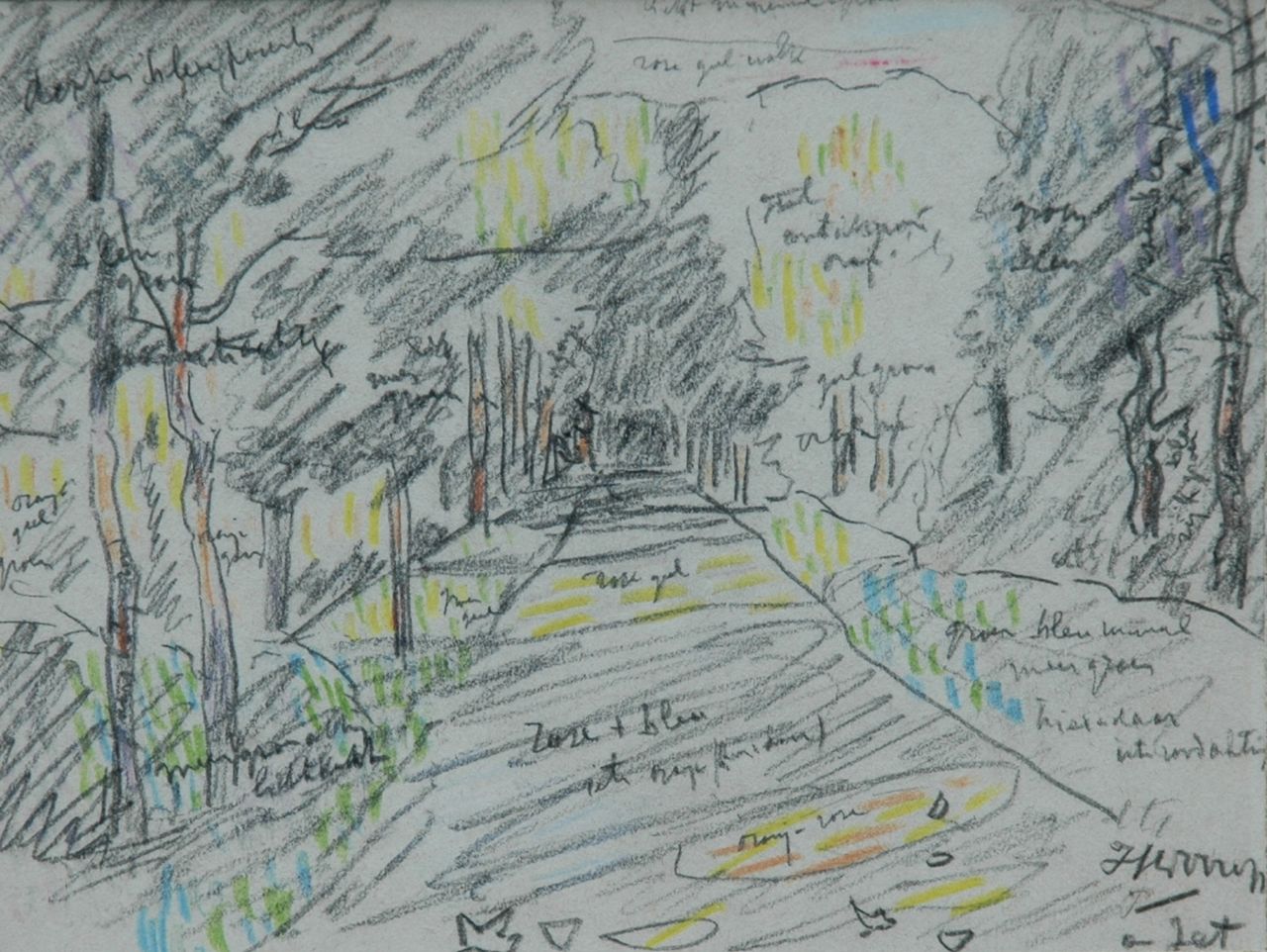Toorop J.Th.  | Johannes Theodorus 'Jan' Toorop, Studie van een boslaan, met kleuraanduidingen, potlood en pastel op papier 11,1 x 14,7 cm, gesigneerd rechtsonder
