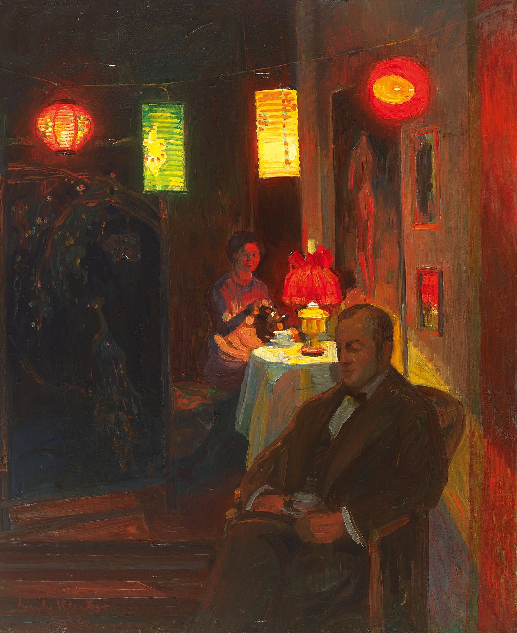 Kleiber E. | Erich Kleiber | Schilderijen te koop aangeboden | Avondlijk theeuurtje bij lampionlicht, olieverf op doek 68,0 x 55,0 cm, gesigneerd linksonder en gedateerd 1912 Kleiber E. | Erich Kleiber | Schilderijen te koop aangeboden | Avondlijk theeuurtje bij lampionlicht, olieverf op doek 68,0 x 55,0 cm, gesigneerd linksonder en gedateerd 1912