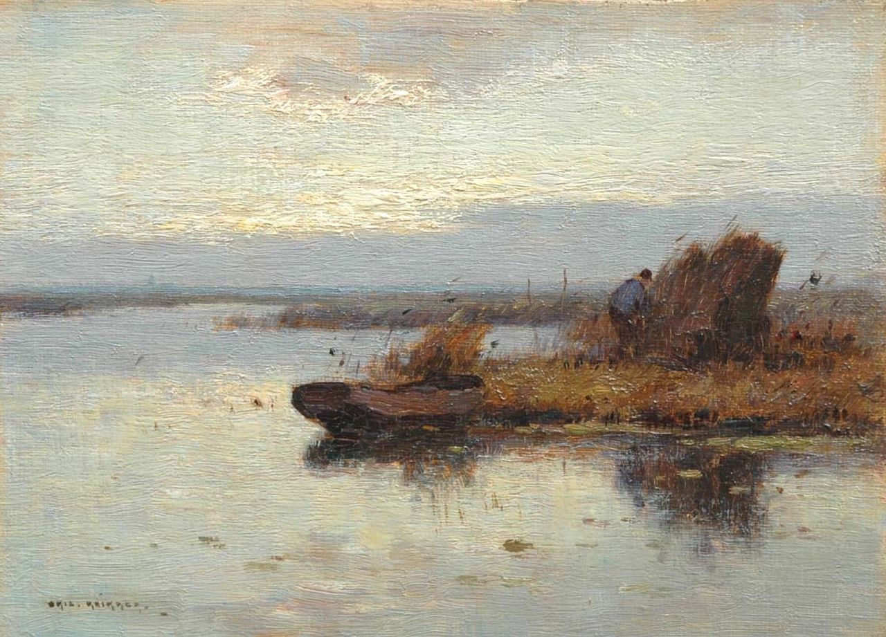 Knikker A. | Aris Knikker, Polderlandschap met rietsnijder, olieverf op doek op paneel 18,1 x 24,0 cm, gesigneerd linksonder Knikker A. | Aris Knikker, Polderlandschap met rietsnijder, olieverf op doek op paneel 18,1 x 24,0 cm, gesigneerd linksonder