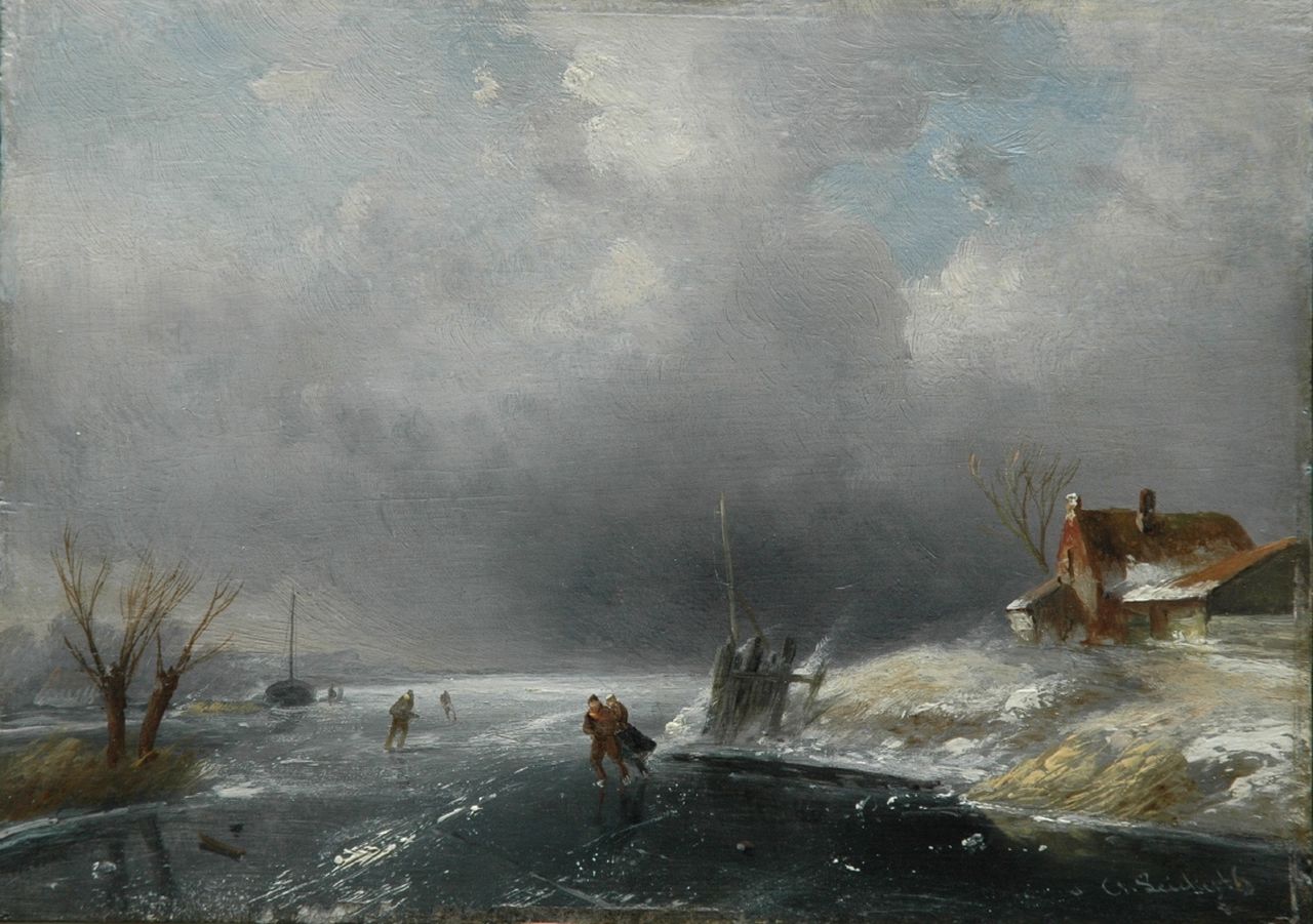 Leickert C.H.J. | 'Charles' Henri Joseph Leickert, Schaatsers op bevroren rivier bij naderende sneeuwstorm, olieverf op paneel 17,2 x 24,2 cm, gesigneerd rechtsonder Leickert C.H.J. | 'Charles' Henri Joseph Leickert, Schaatsers op bevroren rivier bij naderende sneeuwstorm, olieverf op paneel 17,2 x 24,2 cm, gesigneerd rechtsonder
