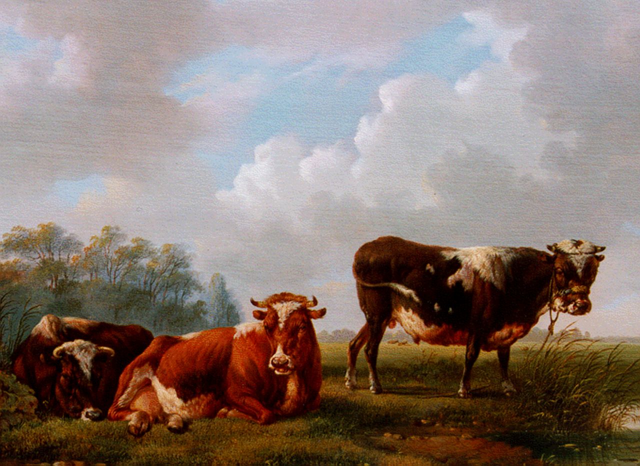 Verhoesen A. | Albertus Verhoesen, Stier en koeien aan een plas, olieverf op paneel 25,2 x 32,0 cm, gesigneerd linksonder en gedateerd 1857 Verhoesen A. | Albertus Verhoesen, Stier en koeien aan een plas, olieverf op paneel 25,2 x 32,0 cm, gesigneerd linksonder en gedateerd 1857