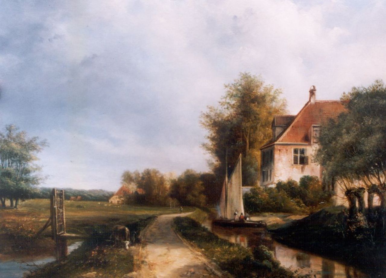 Duvernoy C. | Charles Duvernoy, Landschap met vaart en zeilboot voor een landhuis, olieverf op paneel 35,0 x 44,2 cm, gesigneerd linksonder en gedateerd 1866 Duvernoy C. | Charles Duvernoy, Landschap met vaart en zeilboot voor een landhuis, olieverf op paneel 35,0 x 44,2 cm, gesigneerd linksonder en gedateerd 1866