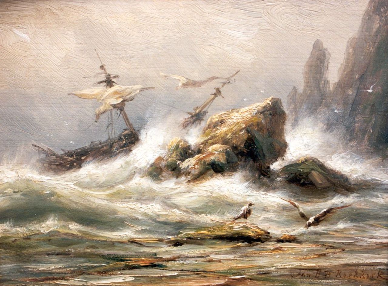Koekkoek J.H.B.  | Johannes Hermanus Barend 'Jan H.B.' Koekkoek, Schipbreuk, olieverf op paneel 16,1 x 22,4 cm, gesigneerd rechtsonder