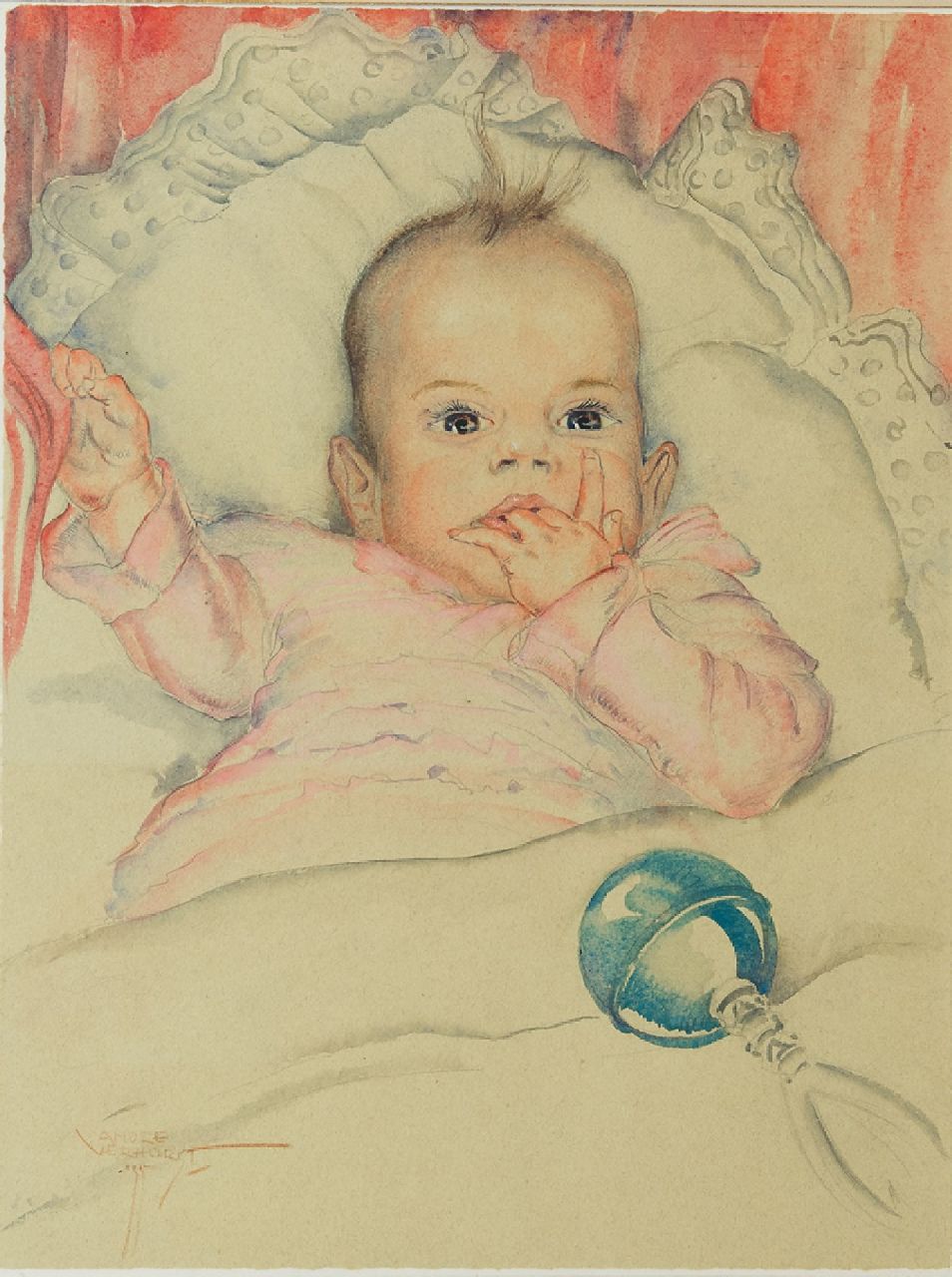 Verhorst A.J.  | Andreas Jacobus 'André J.' Verhorst | Aquarellen en tekeningen te koop aangeboden | Babyportret van Emmie Reijnders, potlood en aquarel op papier 44,5 x 33,5 cm, gesigneerd linksonder en gedateerd '35
