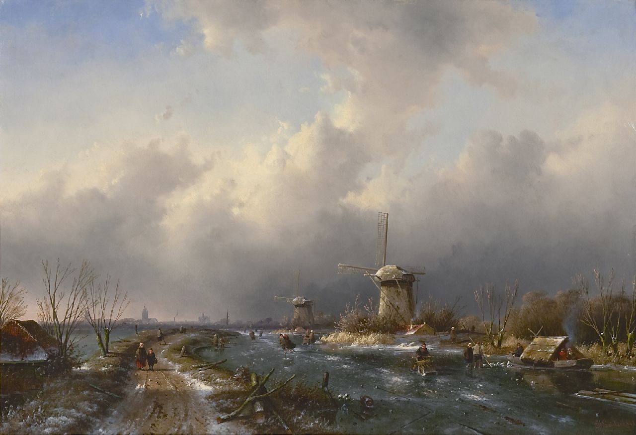Leickert C.H.J.  | 'Charles' Henri Joseph Leickert, Schaatsers op het ijs met molens en een stad aan de horizon, olieverf op paneel 50,4 x 73,9 cm, gesigneerd rechtsonder en gedateerd '53