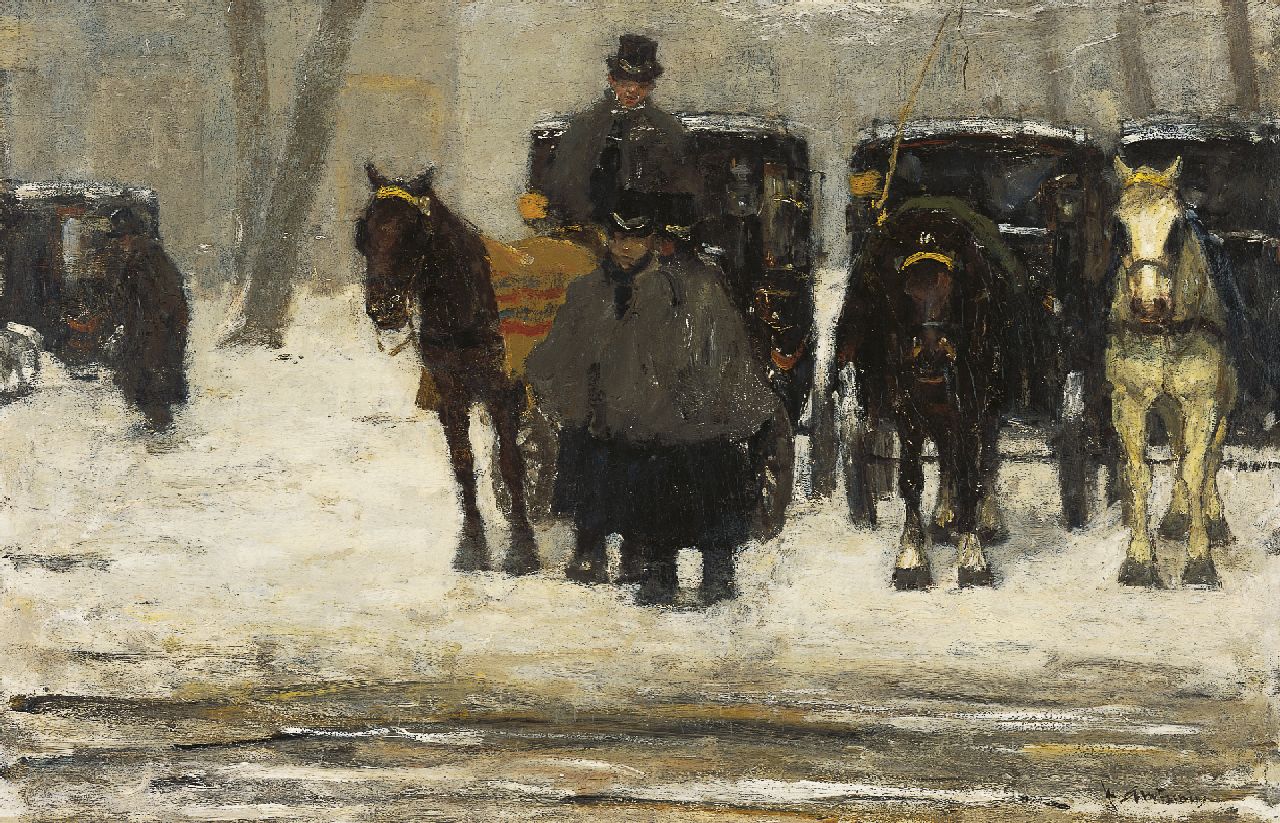 Arntzenius P.F.N.J.  | Pieter Florentius Nicolaas Jacobus 'Floris' Arntzenius, Huurkoetsen in de sneeuw, olieverf op paneel 38,7 x 59,4 cm, gesigneerd rechtsonder en te dateren ca. 1895