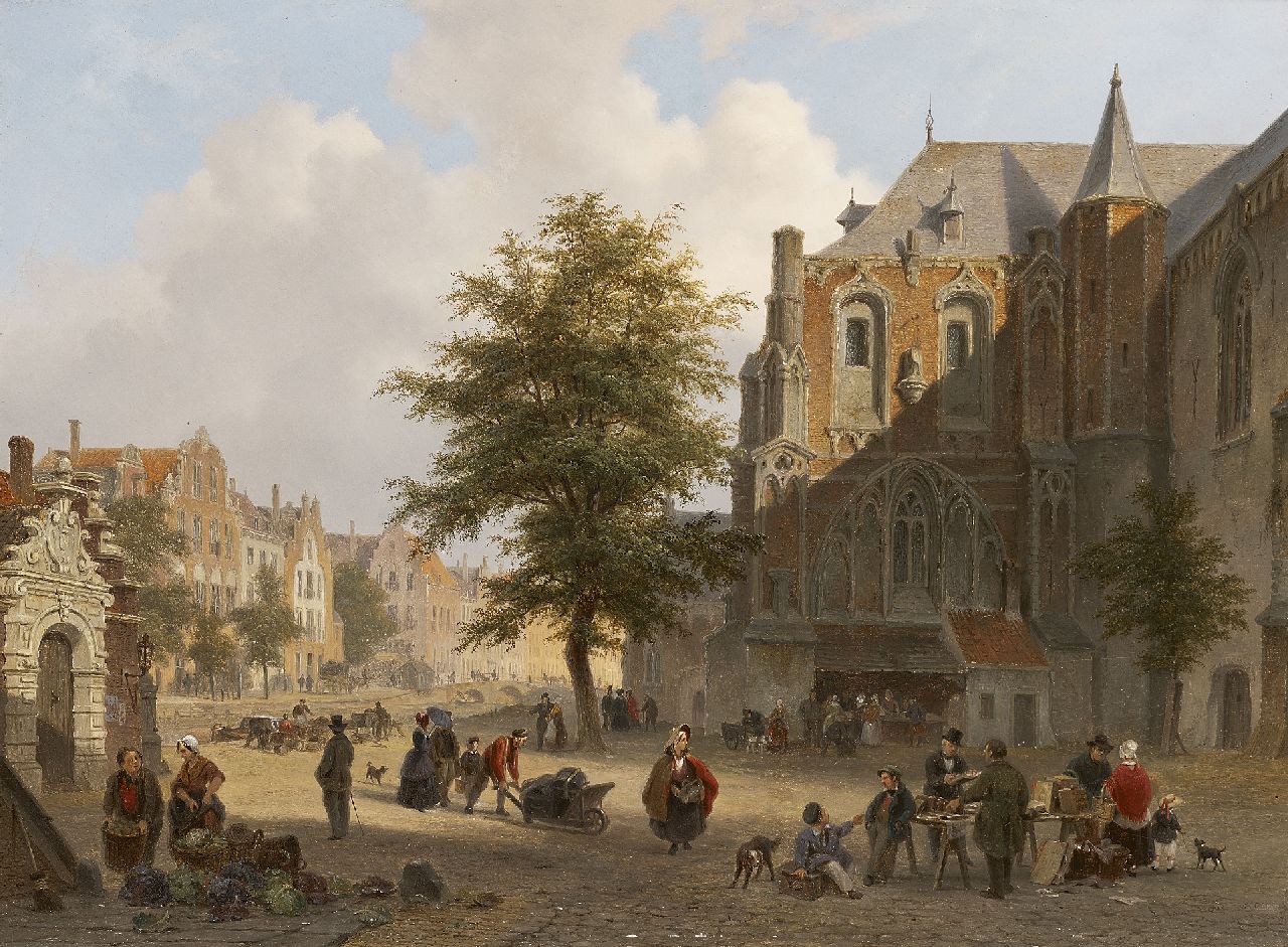 Hove B.J. van | Bartholomeus Johannes 'Bart' van Hove, Drukbevolkt marktplein in een Hollands stadje, olieverf op paneel 42,2 x 56,7 cm, gesigneerd rechtsonder en gedateerd 1852 Hove B.J. van | Bartholomeus Johannes 'Bart' van Hove, Drukbevolkt marktplein in een Hollands stadje, olieverf op paneel 42,2 x 56,7 cm, gesigneerd rechtsonder en gedateerd 1852