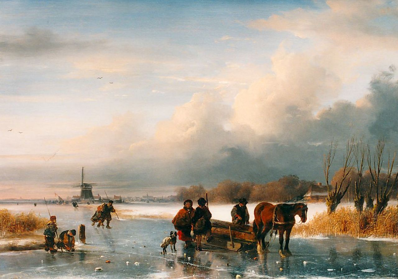 Roosenboom N.J.  | Nicolaas Johannes Roosenboom, Winters ijsvermaak met schaatser en koek en zopie, olieverf op paneel 30,7 x 43,7 cm, gesigneerd linksonder