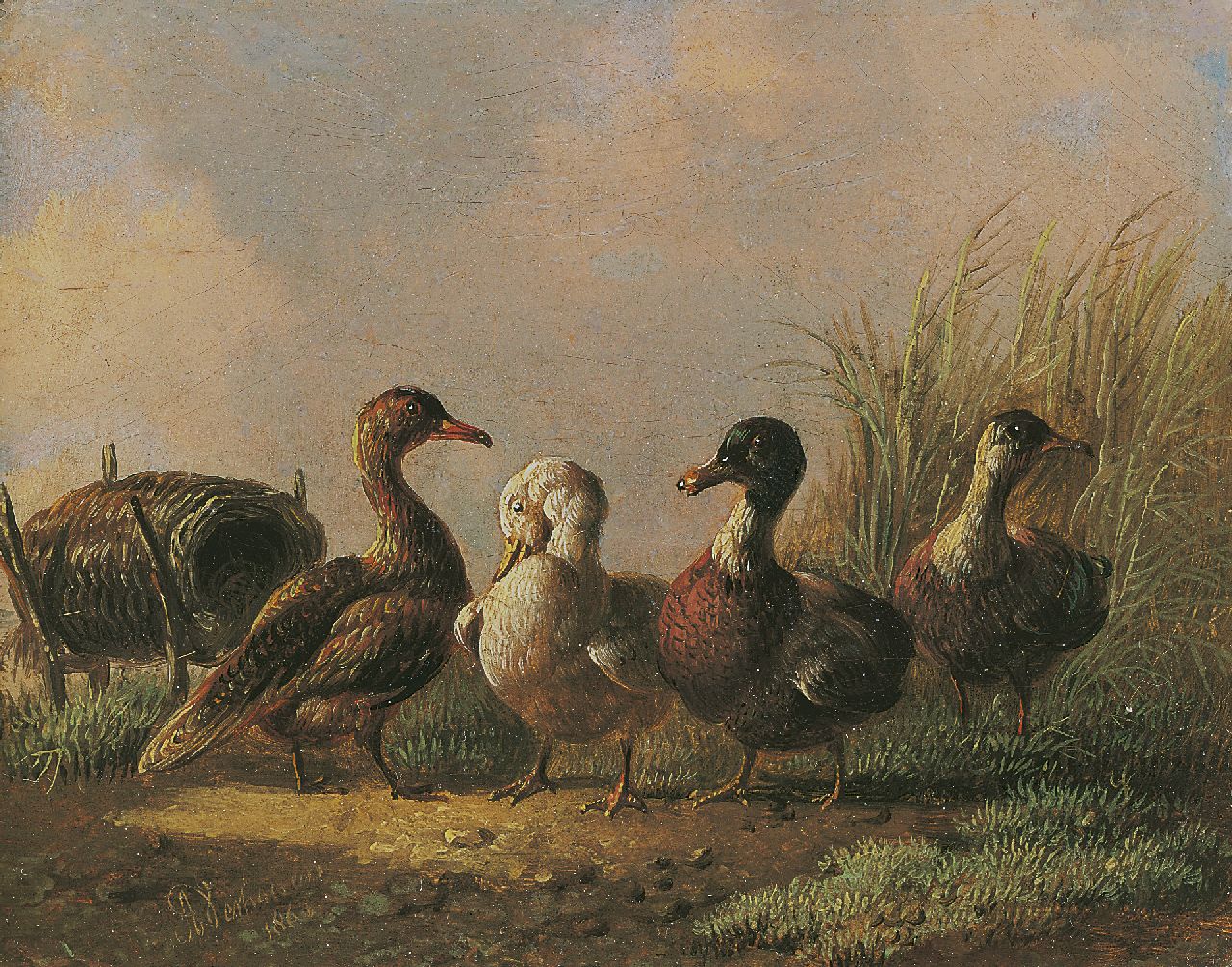 Verhoesen A. | Albertus Verhoesen, Vier eenden, olieverf op paneel 9,7 x 12,4 cm, gesigneerd linksonder en gedateerd 1861 Verhoesen A. | Albertus Verhoesen, Vier eenden, olieverf op paneel 9,7 x 12,4 cm, gesigneerd linksonder en gedateerd 1861
