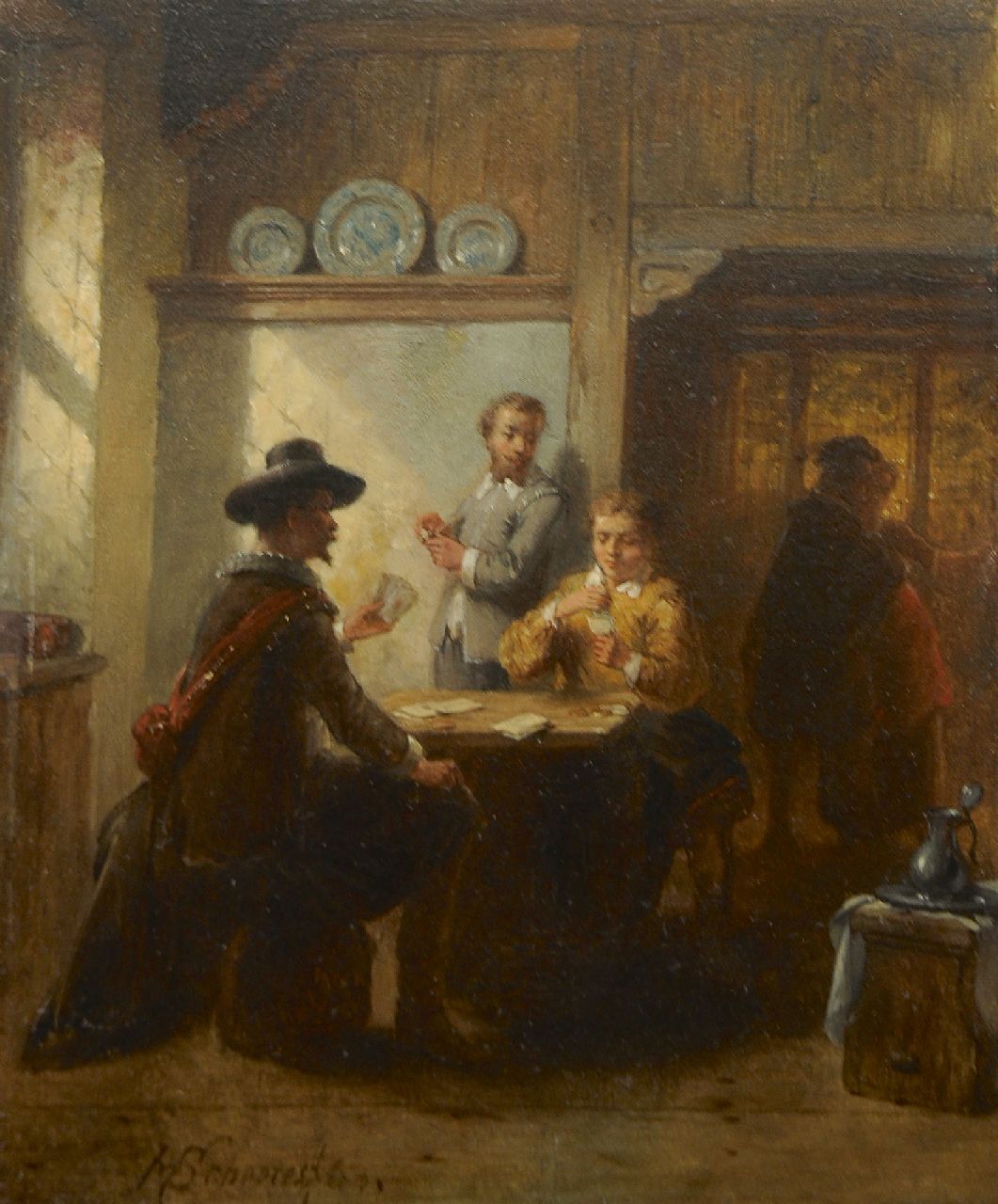 Scheeres H.J. | Hendricus Johannes Scheeres, Kaartspelers en vrijage in Oudhollands interieur, olieverf op paneel 18,6 x 15,1 cm, gesigneerd linksonder en gedateerd '63 Scheeres H.J. | Hendricus Johannes Scheeres, Kaartspelers en vrijage in Oudhollands interieur, olieverf op paneel 18,6 x 15,1 cm, gesigneerd linksonder en gedateerd '63