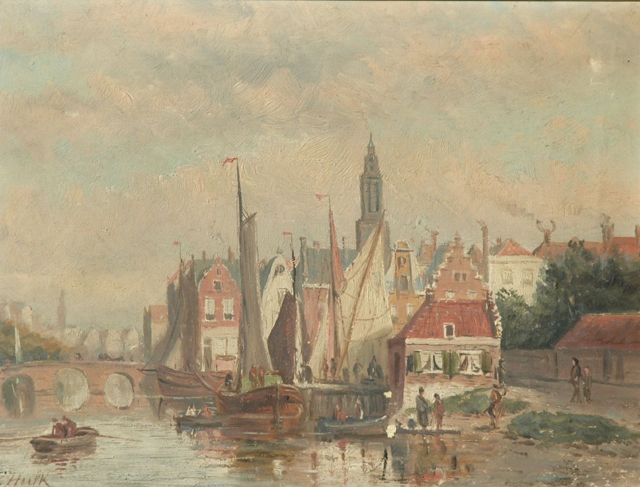 Hulk sr. J.F. | Johannes Frederik Hulk sr., Schepen in een stadshaven, olieverf op doek 23,0 x 31,0 cm, gesigneerd linksonder Hulk sr. J.F. | Johannes Frederik Hulk sr., Schepen in een stadshaven, olieverf op doek 23,0 x 31,0 cm, gesigneerd linksonder