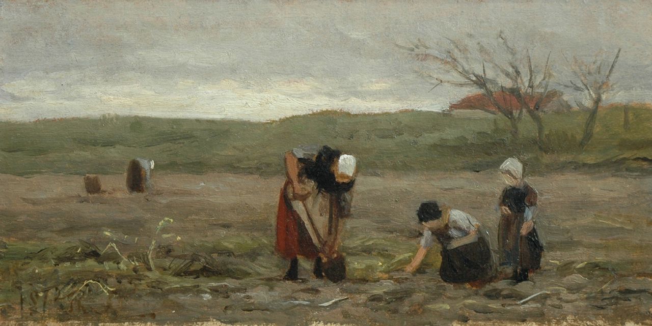 Sadée P.L.J.F. | Philip Lodewijk Jacob Frederik Sadée, Het nalezen van het aardappelveld, olieverfschets op papier op paneel 15,8 x 31,0 cm, gesigneerd linksonder monogram en gedateerd 1872 Sadée P.L.J.F. | Philip Lodewijk Jacob Frederik Sadée, Het nalezen van het aardappelveld, olieverfschets op papier op paneel 15,8 x 31,0 cm, gesigneerd linksonder monogram en gedateerd 1872