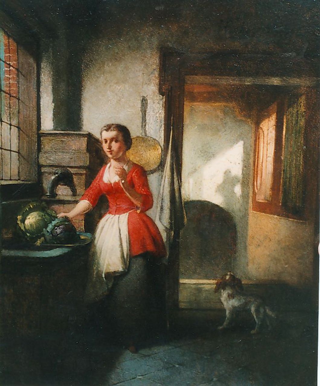 Scheeres H.J. | Hendricus Johannes Scheeres, 't Dienstmeisje in de bijkeuken met de rode kool, olieverf op paneel 18,2 x 14,8 cm, gesigneerd rechtsboven Scheeres H.J. | Hendricus Johannes Scheeres, 't Dienstmeisje in de bijkeuken met de rode kool, olieverf op paneel 18,2 x 14,8 cm, gesigneerd rechtsboven