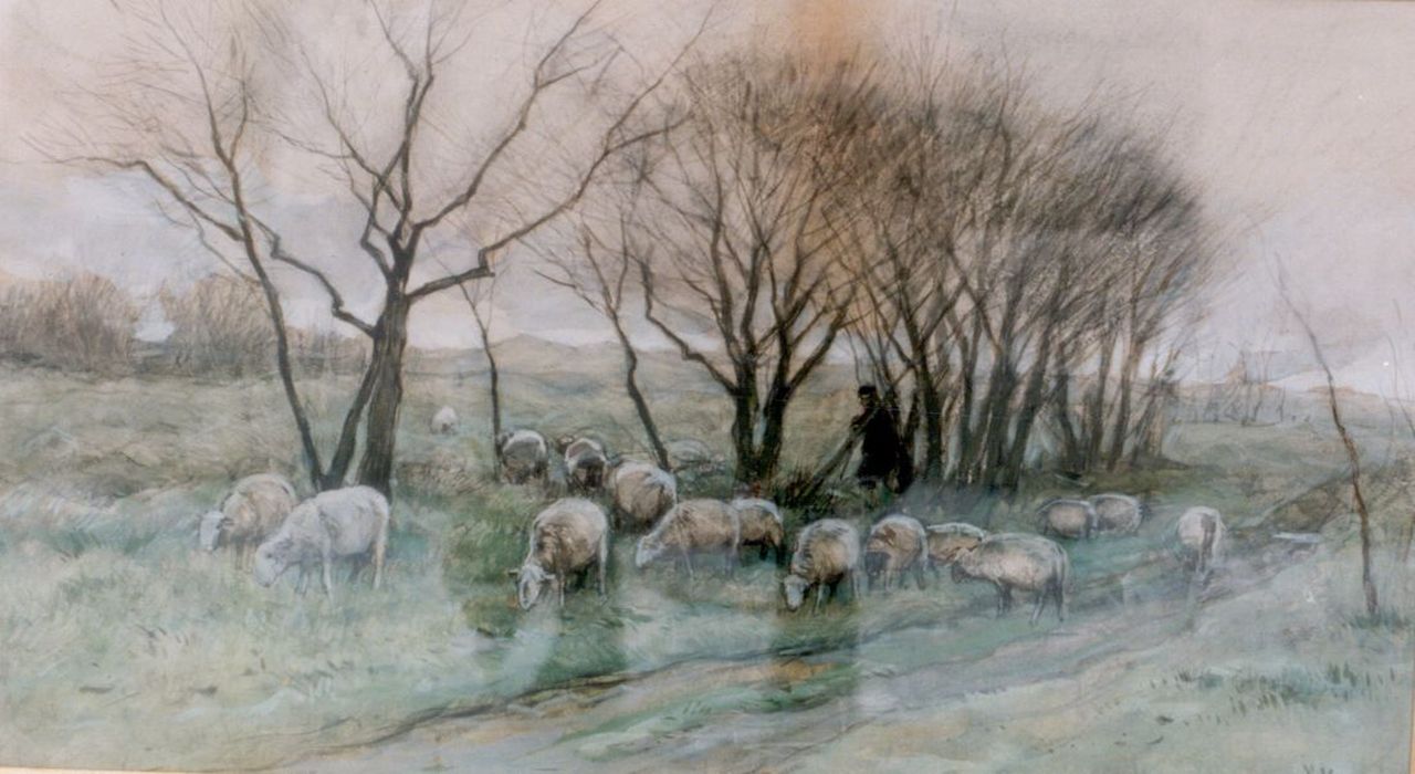 Mauve A.  | Anthonij 'Anton' Mauve, Schaapherder met zijn kudde, aquarel op papier 33,0 x 58,7 cm, gesigneerd rechtsonder