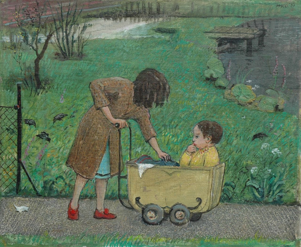 Kamerlingh Onnes H.H. | 'Harm' Henrick Kamerlingh Onnes, Meisje met kinderwagen, olieverf op doek op board 29,0 x 35,0 cm, gesigneerd rechtsboven met monogram en gedateerd '51 Kamerlingh Onnes H.H. | 'Harm' Henrick Kamerlingh Onnes, Meisje met kinderwagen, olieverf op doek op board 29,0 x 35,0 cm, gesigneerd rechtsboven met monogram en gedateerd '51