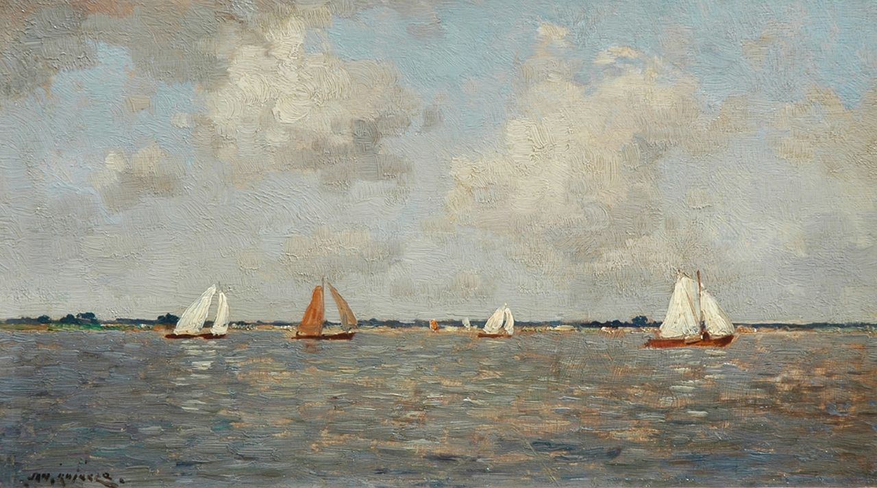 Knikker sr. J.S.  | 'Jan' Simon Knikker sr., Plasgezicht met zeilboten, olieverf op paneel 20,2 x 34,9 cm, gesigneerd linksonder