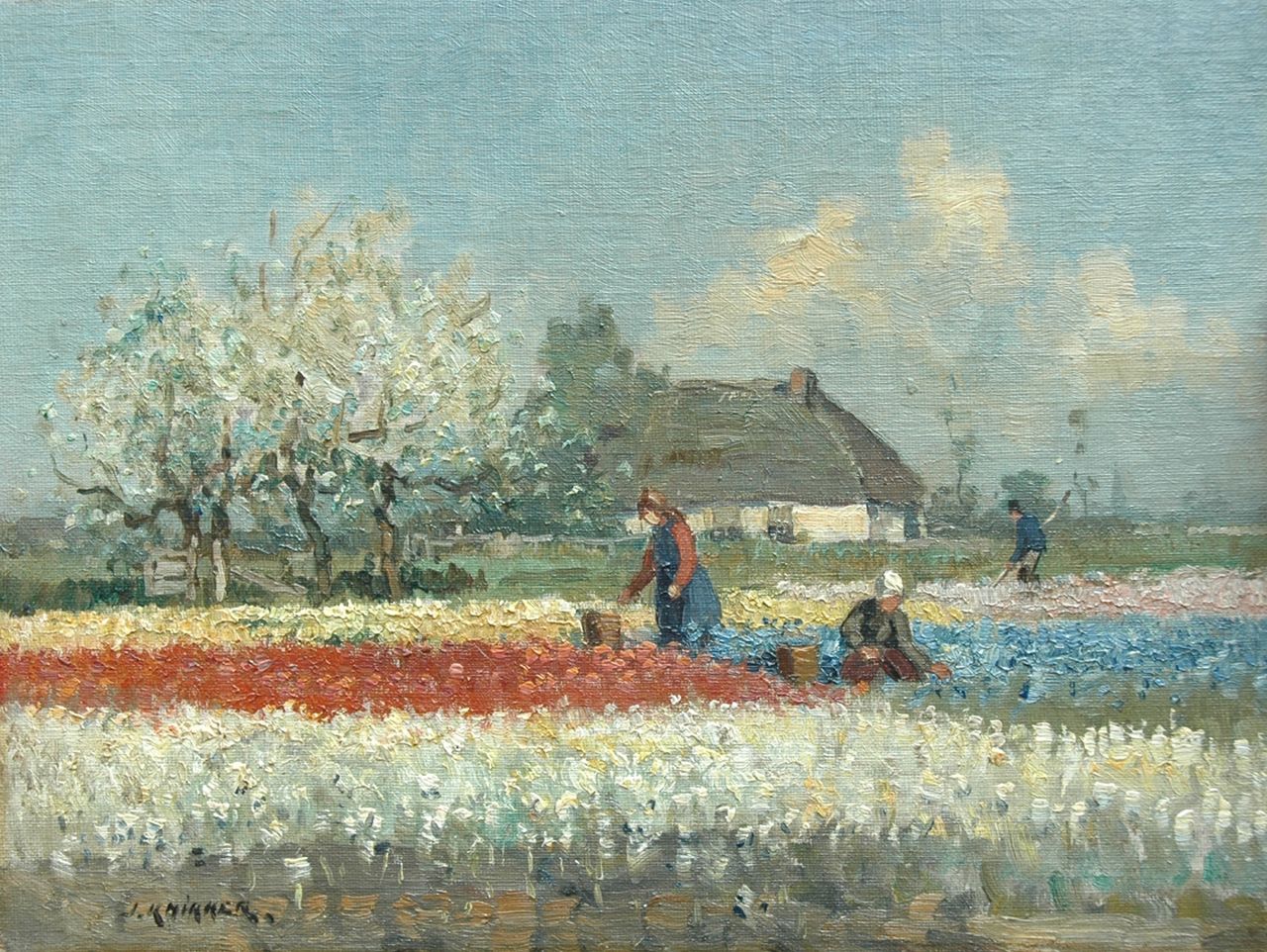 Knikker sr. J.S. | 'Jan' Simon Knikker sr., Bloemenveld: het koppen van de bollen, olieverf op doek op paneel 25,2 x 33,5 cm, gesigneerd linksonder Knikker sr. J.S. | 'Jan' Simon Knikker sr., Bloemenveld: het koppen van de bollen, olieverf op doek op paneel 25,2 x 33,5 cm, gesigneerd linksonder