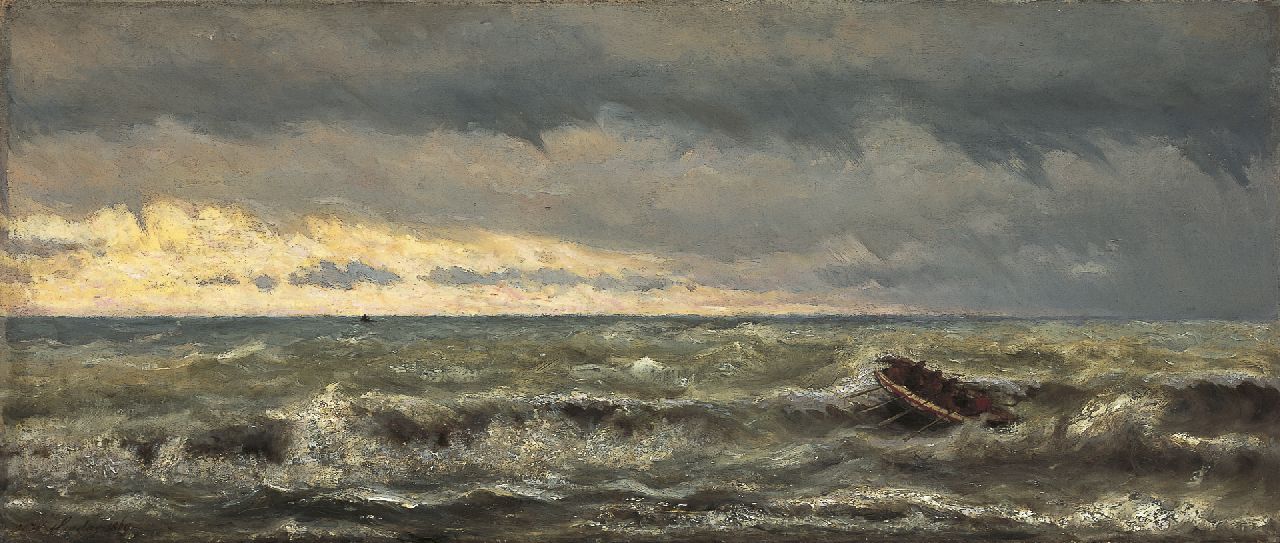 Mesdag H.W. | Hendrik Willem Mesdag, Reddingsboot in de branding, olieverf op doek 44,4 x 103,5 cm, gesigneerd linksonder en gedateerd 1869 Mesdag H.W. | Hendrik Willem Mesdag, Reddingsboot in de branding, olieverf op doek 44,4 x 103,5 cm, gesigneerd linksonder en gedateerd 1869
