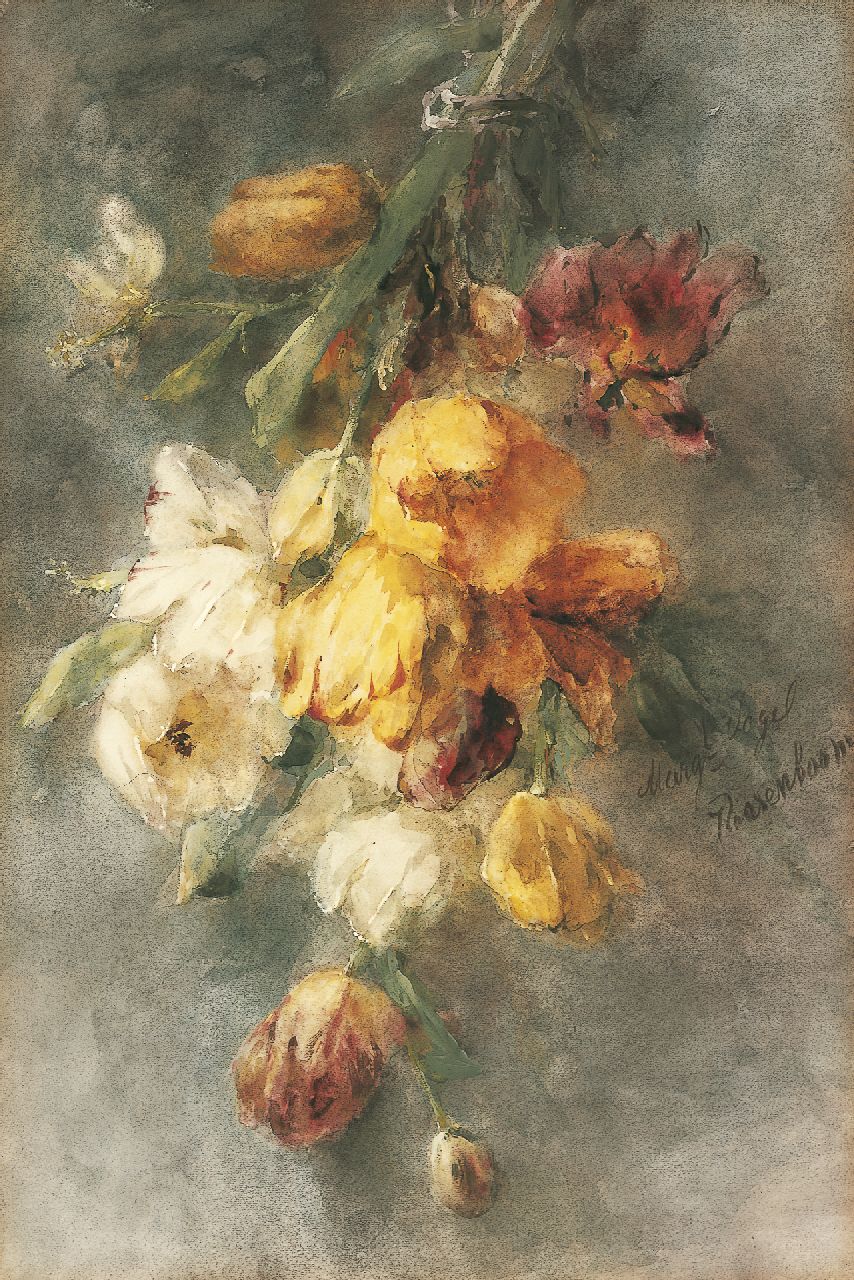 Roosenboom M.C.J.W.H. | 'Margaretha' Cornelia Johanna Wilhelmina Henriëtta Roosenboom, Boeket tulpen, aquarel en gouache op papier 74,0 x 49,8 cm, gesigneerd rechts van het midden en te dateren 1893-1896 Roosenboom M.C.J.W.H. | 'Margaretha' Cornelia Johanna Wilhelmina Henriëtta Roosenboom, Boeket tulpen, aquarel en gouache op papier 74,0 x 49,8 cm, gesigneerd rechts van het midden en te dateren 1893-1896