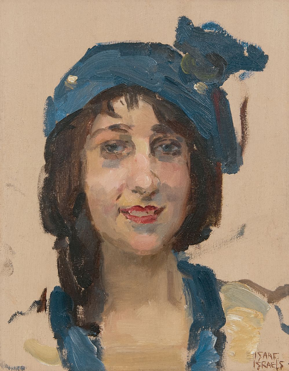 Israels I.L. | 'Isaac' Lazarus Israels, Lachende jonge vrouw, olieverf op paneel 27,0 x 21,3 cm, gesigneerd rechtsonder Israels I.L. | 'Isaac' Lazarus Israels, Lachende jonge vrouw, olieverf op paneel 27,0 x 21,3 cm, gesigneerd rechtsonder