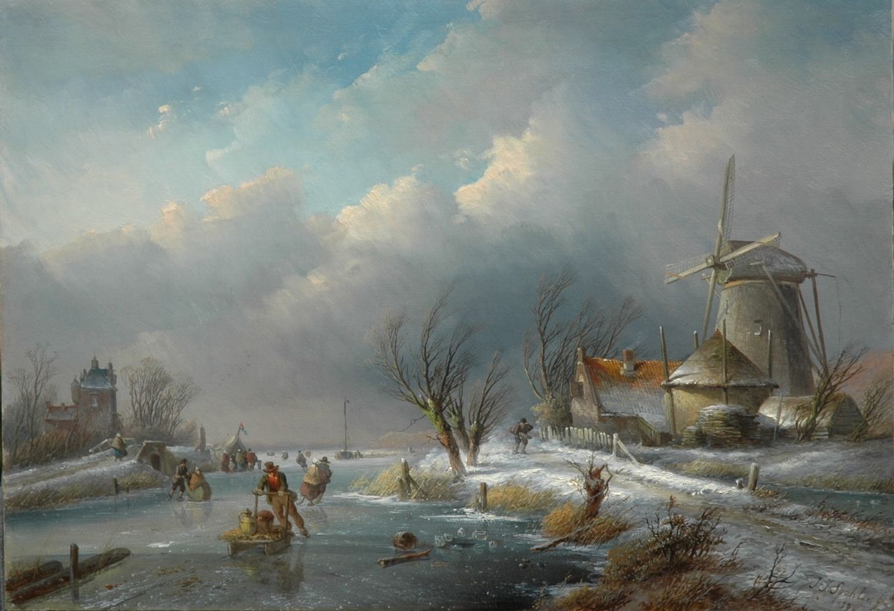Spohler J.J.  | Jan Jacob Spohler, Winterlandschap met molen, schaatsers en koek-en-zopie, olieverf op paneel 36,3 x 51,6 cm, gesigneerd rechtsonder en gedateerd '59