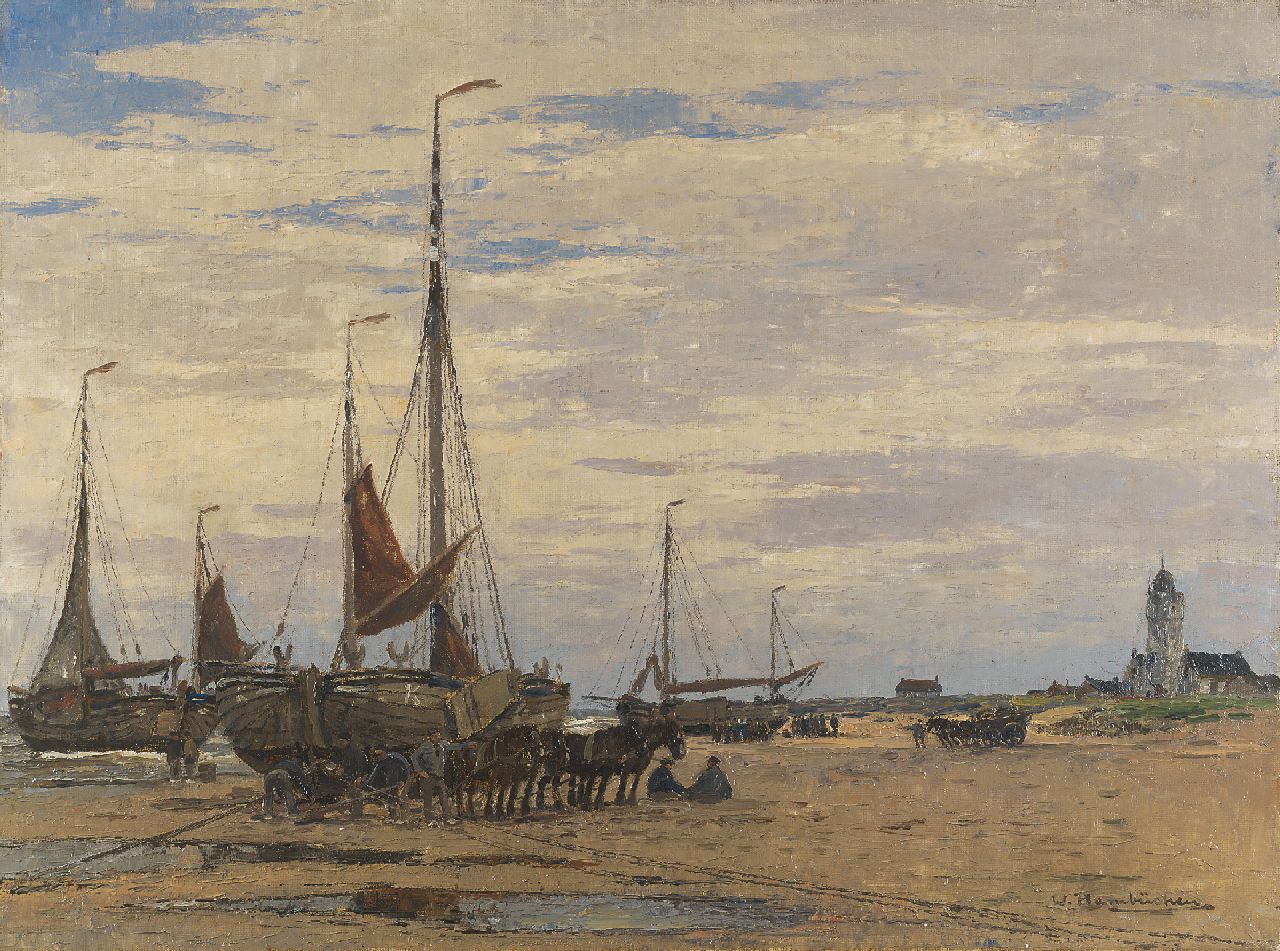 Hambüchen W.  | Wilhelm Hambüchen, Haringvissers op het strand van Katwijk, olieverf op doek 60,4 x 80,8 cm, gesigneerd rechtsonder