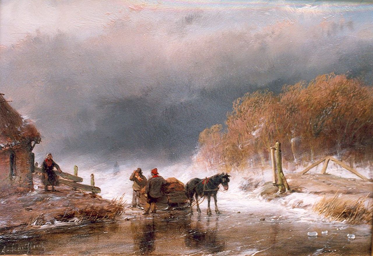 Schelfhout A. | Andreas Schelfhout, Paardenslee met figuren op het ijs bij opkomende storm, olieverf op paneel 15,8 x 23,0 cm, gesigneerd linksonder en te dateren ca. 1860 Schelfhout A. | Andreas Schelfhout, Paardenslee met figuren op het ijs bij opkomende storm, olieverf op paneel 15,8 x 23,0 cm, gesigneerd linksonder en te dateren ca. 1860
