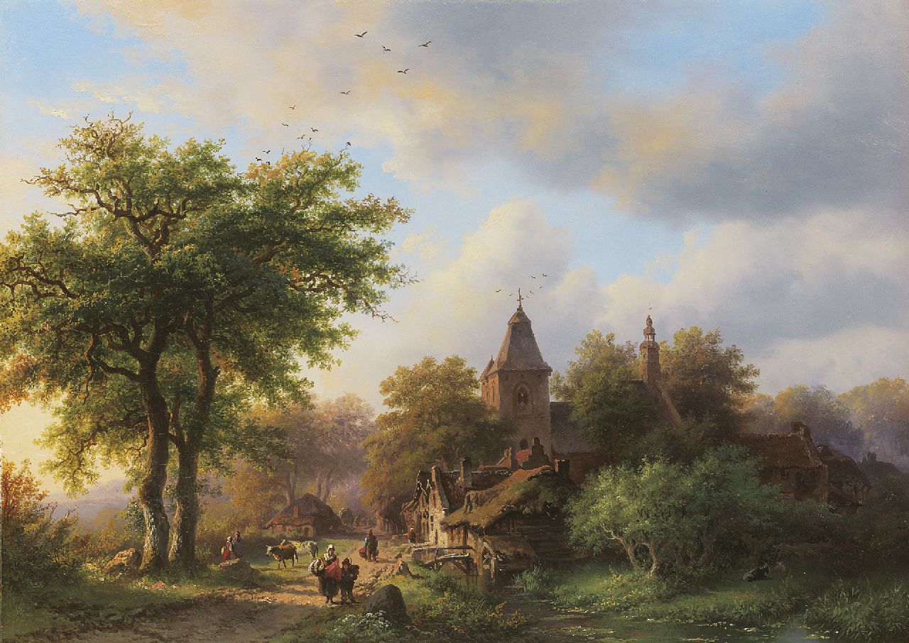 Kruseman F.M. | Frederik Marinus Kruseman, Beboste landweg langs een dorpsrand, olieverf op paneel 29,5 x 41,0 cm, te dateren 1857 Kruseman F.M. | Frederik Marinus Kruseman, Beboste landweg langs een dorpsrand, olieverf op paneel 29,5 x 41,0 cm, te dateren 1857