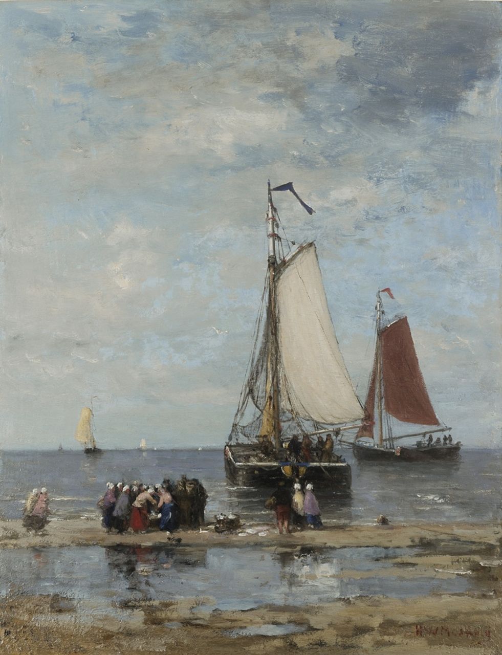 Mesdag H.W. | Hendrik Willem Mesdag, Bomschuiten en vissersvolk op het strand, olieverf op paneel 51,2 x 39,7 cm, gesigneerd rechtsonder Mesdag H.W. | Hendrik Willem Mesdag, Bomschuiten en vissersvolk op het strand, olieverf op paneel 51,2 x 39,7 cm, gesigneerd rechtsonder