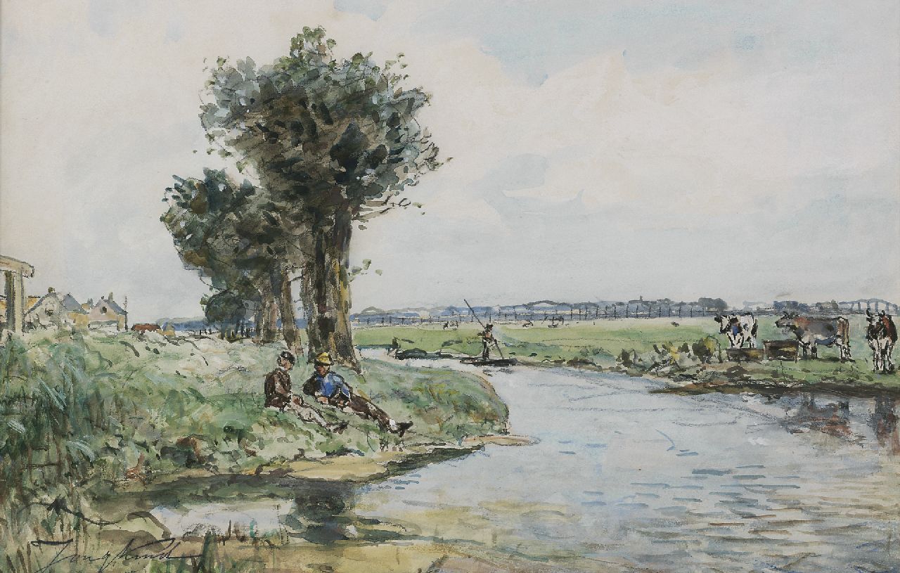 Jongkind J.B. | Johan Barthold Jongkind, Langs de rivier, aquarel op papier 28,2 x 41,2 cm, gesigneerd linksonder met naamstempel en te dateren 1867 Jongkind J.B. | Johan Barthold Jongkind, Langs de rivier, aquarel op papier 28,2 x 41,2 cm, gesigneerd linksonder met naamstempel en te dateren 1867
