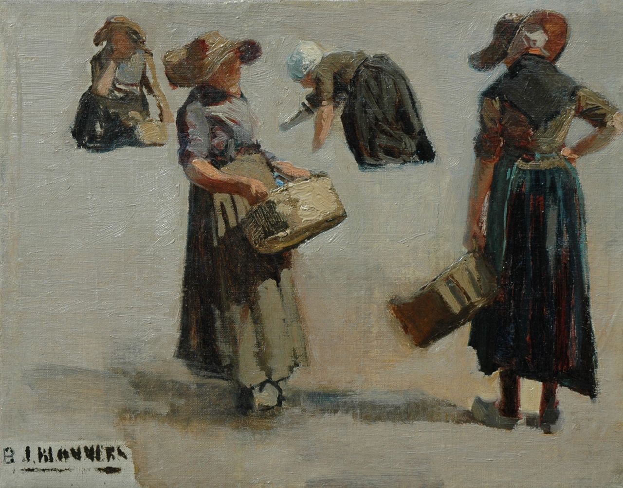 Blommers B.J.  | Bernardus Johannes 'Bernard' Blommers, Studie van Katwijkse visverkoopsters, olieverf op doek 29,6 x 37,5 cm, gesigneerd linksonder
