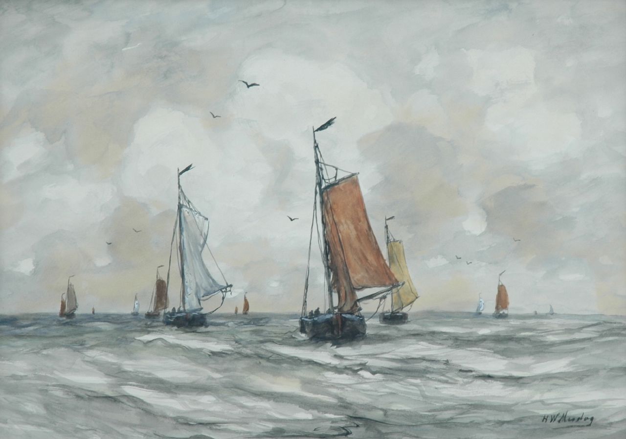 Mesdag H.W. | Hendrik Willem Mesdag, Bomschuiten op zee op een heldere dag, aquarel op papier 40,5 x 56,5 cm, gesigneerd rechtsonder Mesdag H.W. | Hendrik Willem Mesdag, Bomschuiten op zee op een heldere dag, aquarel op papier 40,5 x 56,5 cm, gesigneerd rechtsonder
