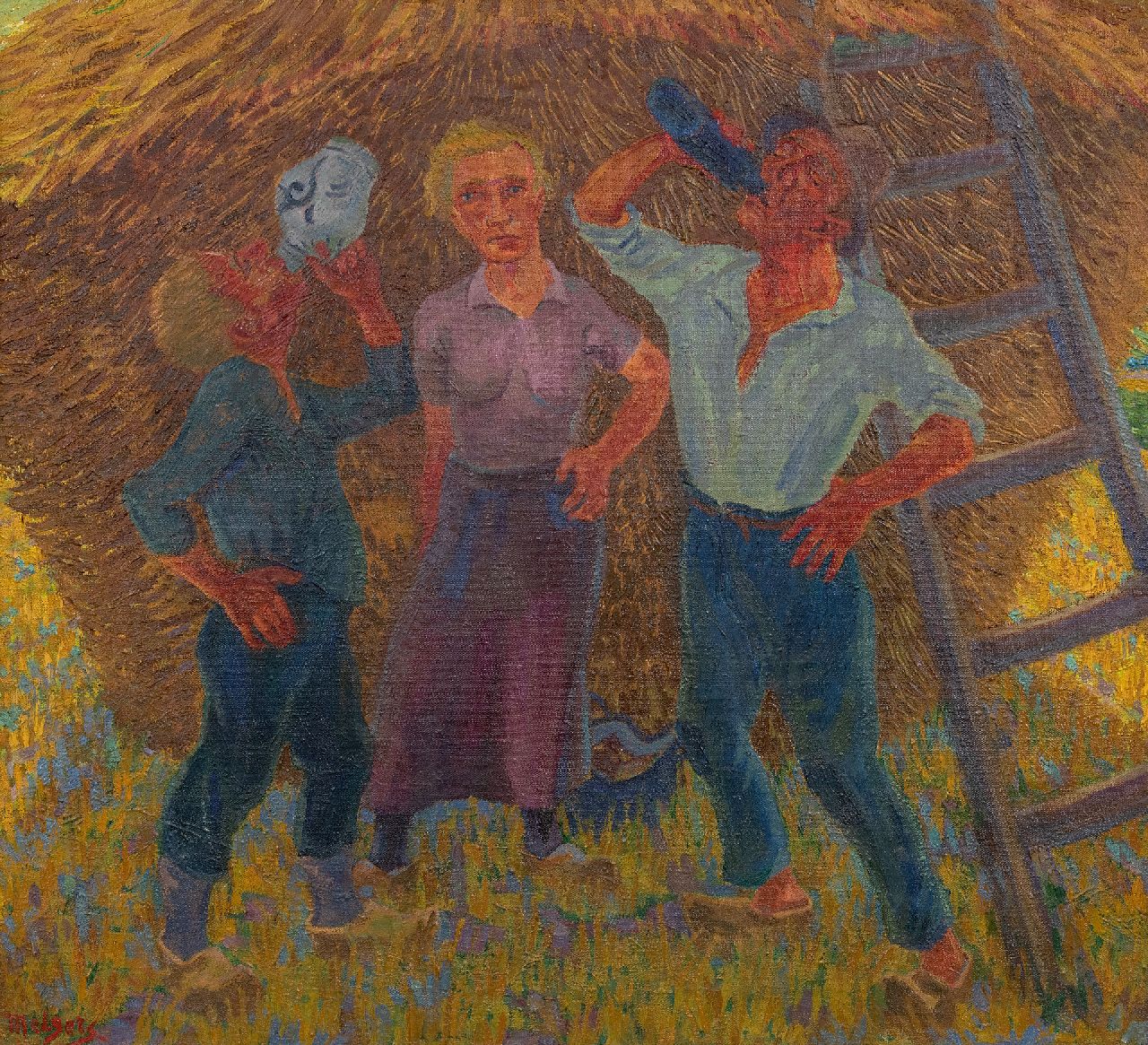 Henk Melgers | Drinkende boeren, Drenthe, olieverf op doek, 68,3 x 74,6 cm, gesigneerd l.o. en verso en te dateren ca. 1928