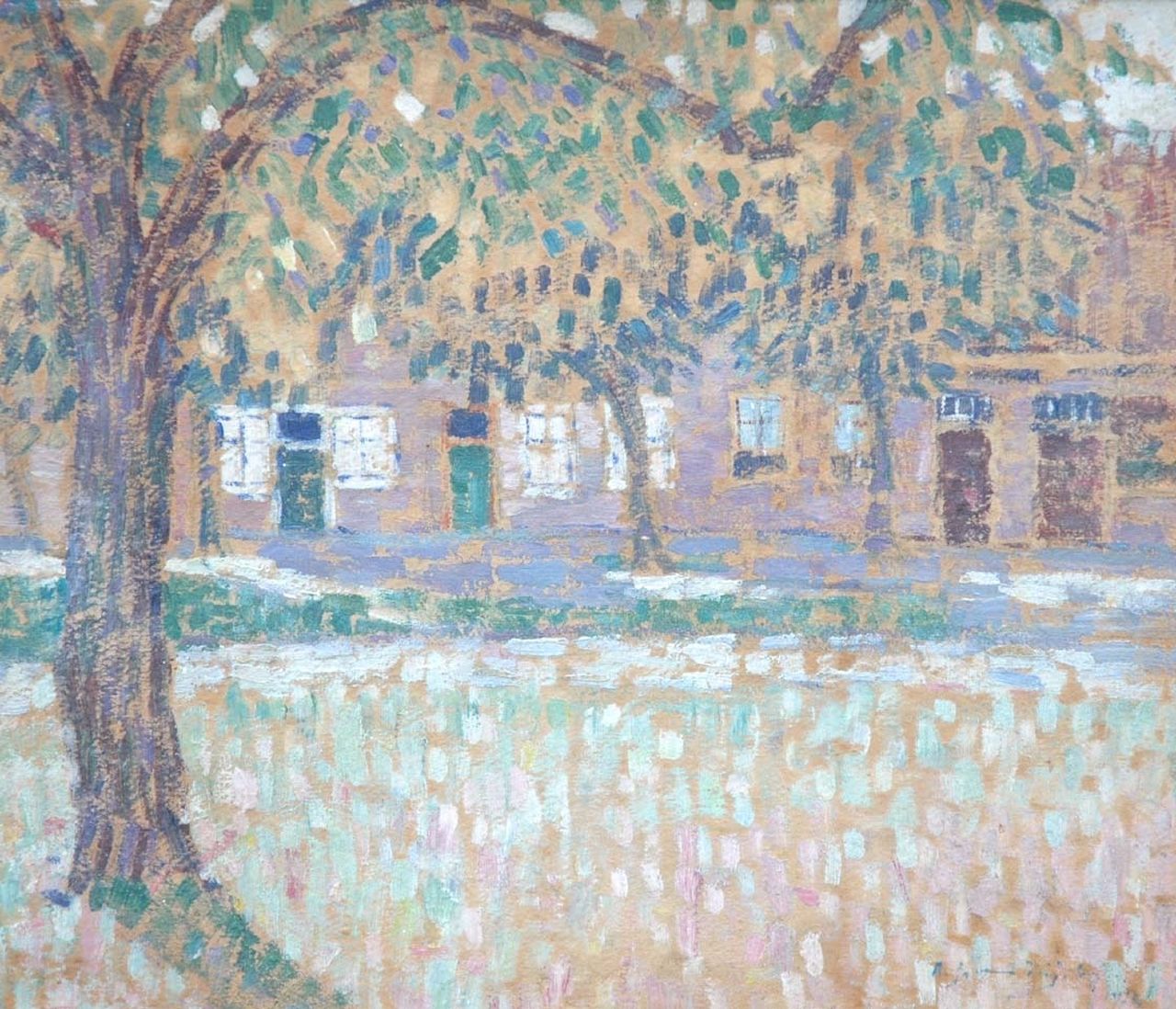 Dijck A.J. van | Alphonsus Josephus 'Alfons' van Dijck, Zonbeschenen huisjes, St. Anna ter Muiden, olieverf op schilderskarton 30,0 x 34,6 cm, gesigneerd rechtsonder en gedateerd 1923